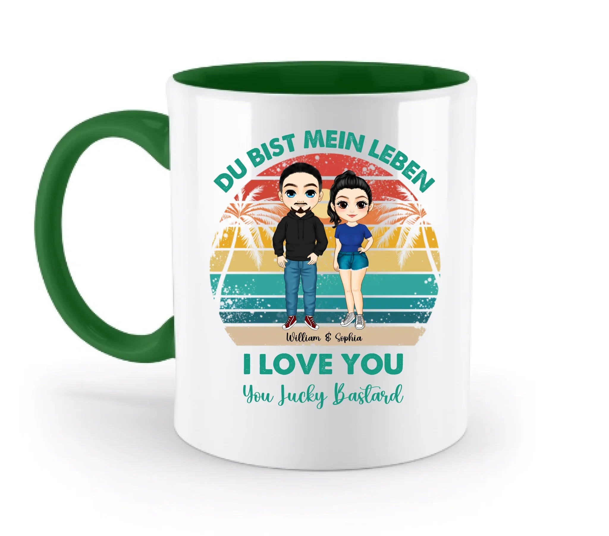 Paar-Design: Retro Palmen Couple (personalisierbare Figuren) - Zweifarbige Tasse / Irish-Green / 330ml