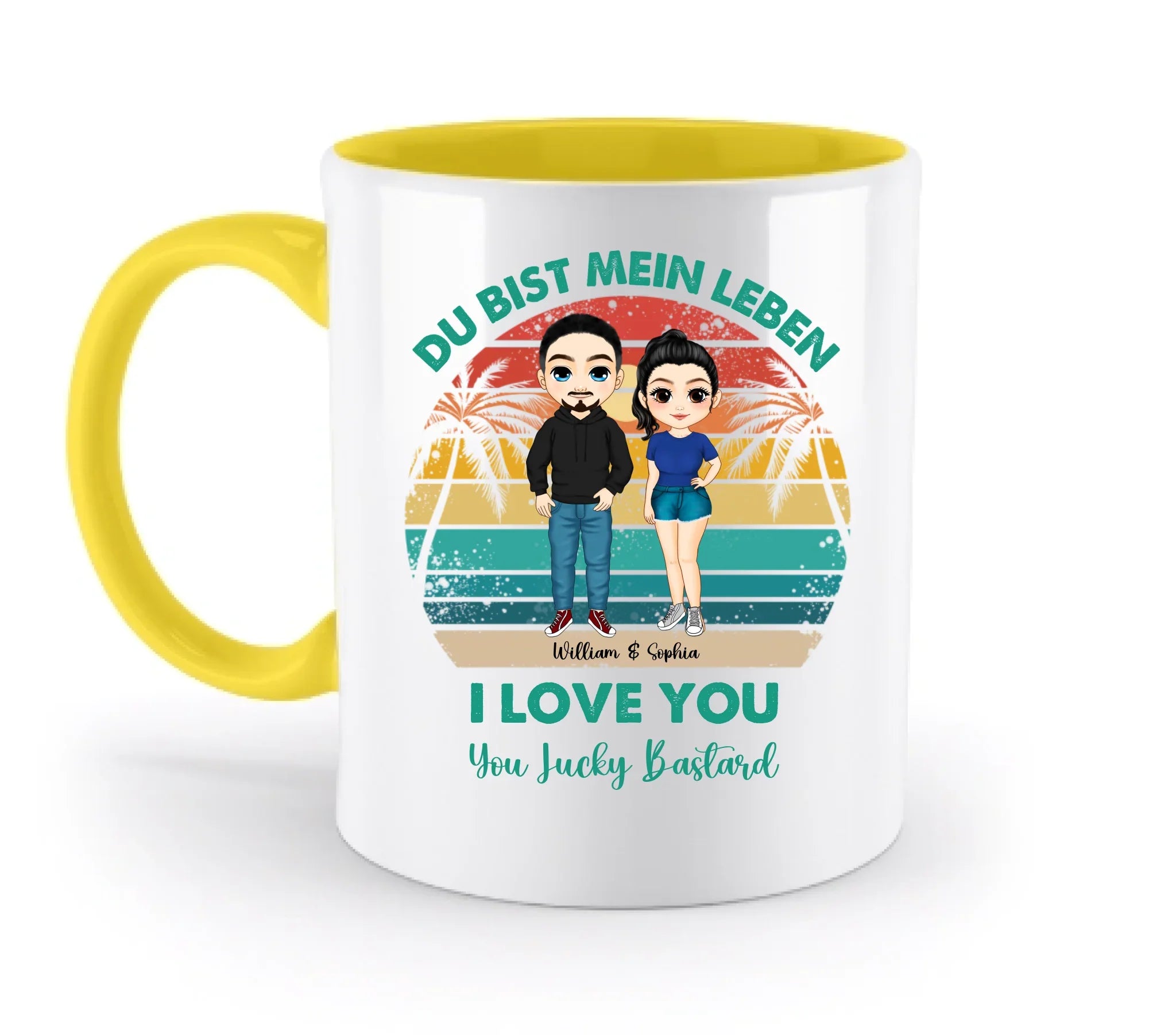 Paar-Design: Retro Palmen Couple (personalisierbare Figuren) - Zweifarbige Tasse / Yellow / 330ml - personalisierbare