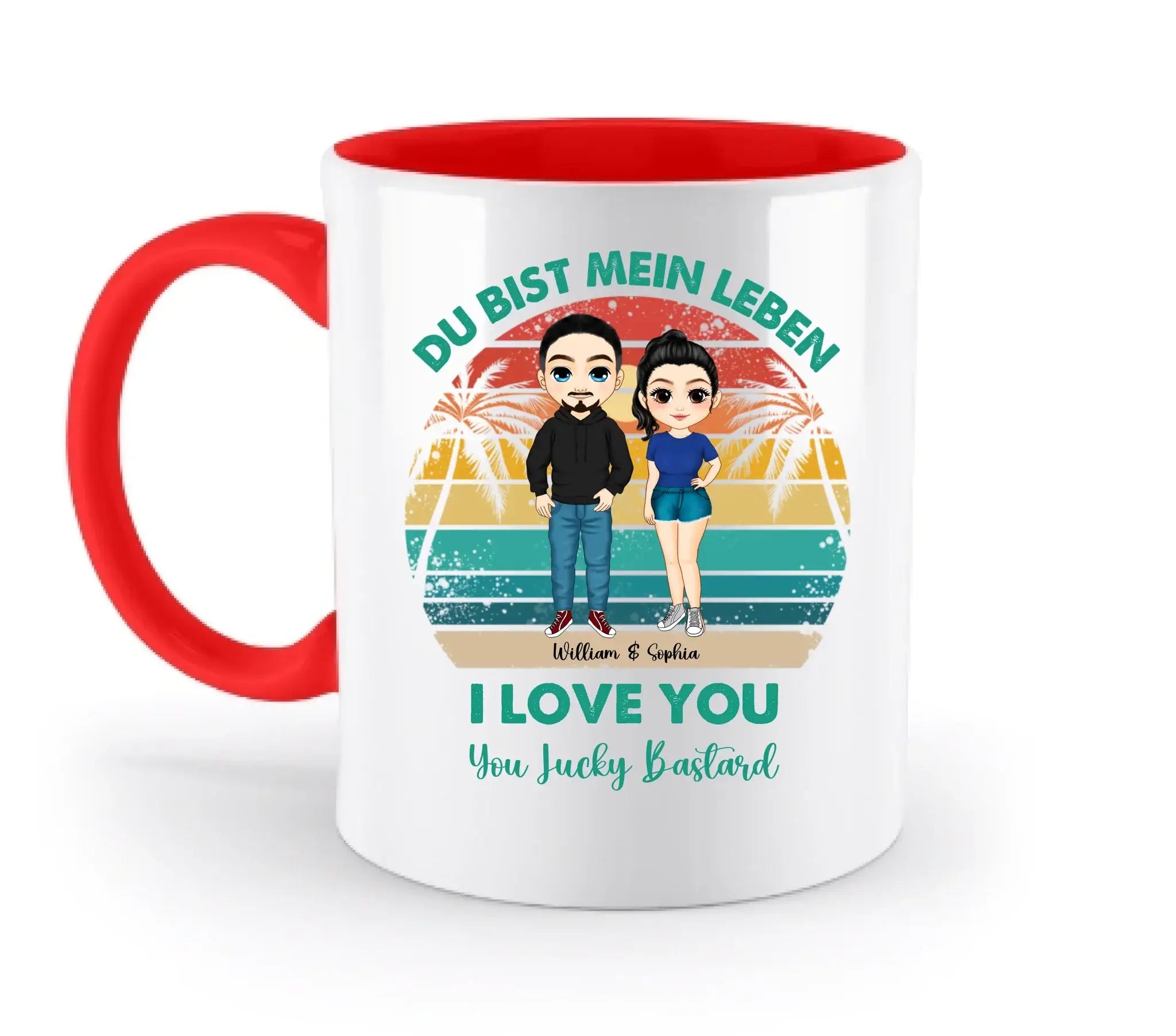 Paar-Design: Retro Palmen Couple (personalisierbare Figuren) - Zweifarbige Tasse / Rubin-Red / 330ml