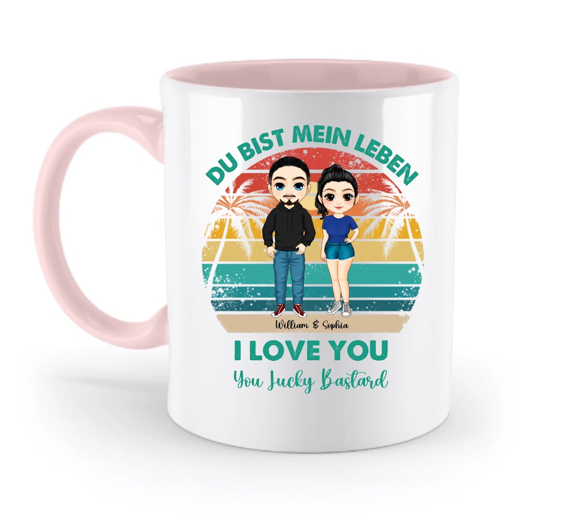 Paar-Design: Retro Palmen Couple (personalisierbare Figuren) - Zweifarbige Tasse / Powder-Pink / 330ml