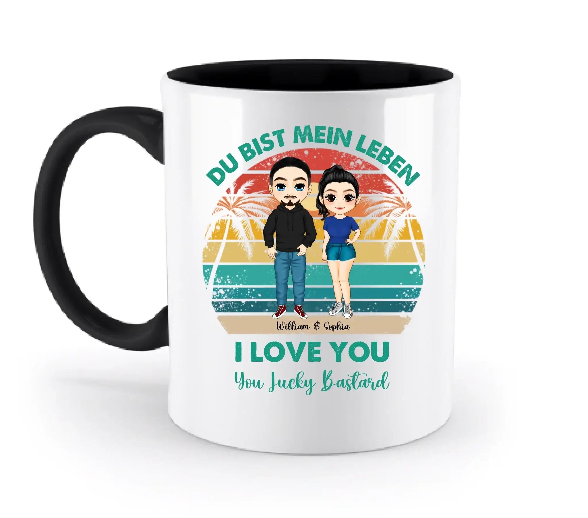 Paar-Design: Retro Palmen Couple (personalisierbare Figuren) - Zweifarbige Tasse / Black / 330ml - personalisierbare