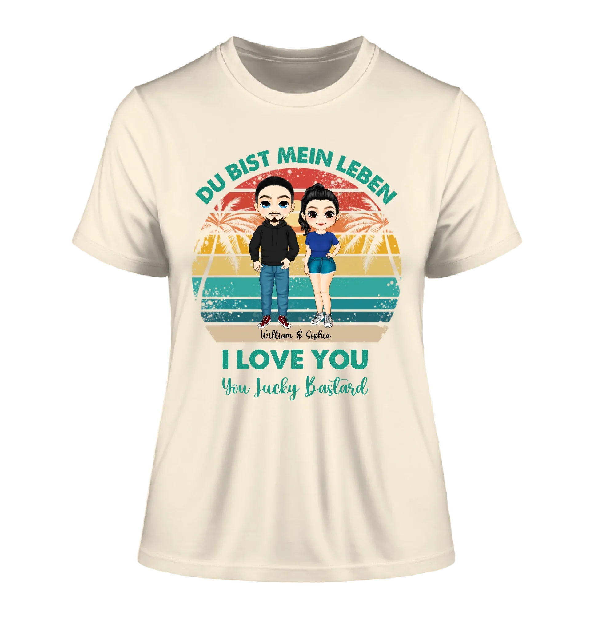 Paar-Design: Retro Palmen Couple (personalisierbare Figuren) - Damen T-Shirt (Fitted) • Bio / Natural / 2XL