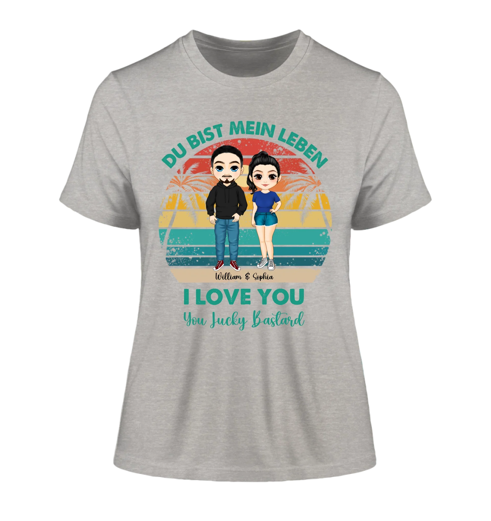 Paar-Design: Retro Palmen Couple (personalisierbare Figuren) - Damen T-Shirt (Fitted) • Bio / Heather Grey / 2XL
