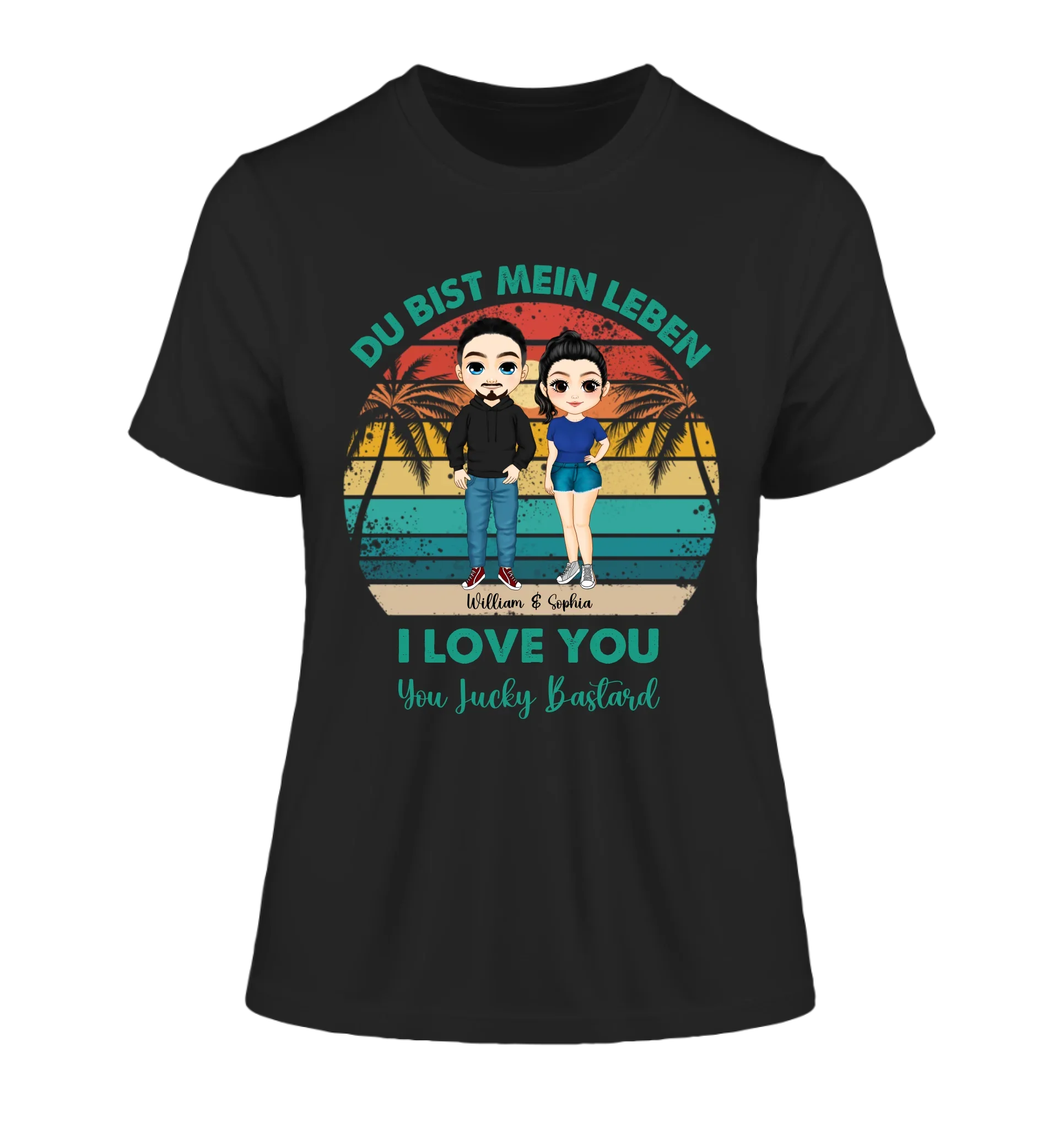 Paar-Design: Retro Palmen Couple (personalisierbare Figuren) - Damen T-Shirt (Fitted) • Bio / Black / 2XL