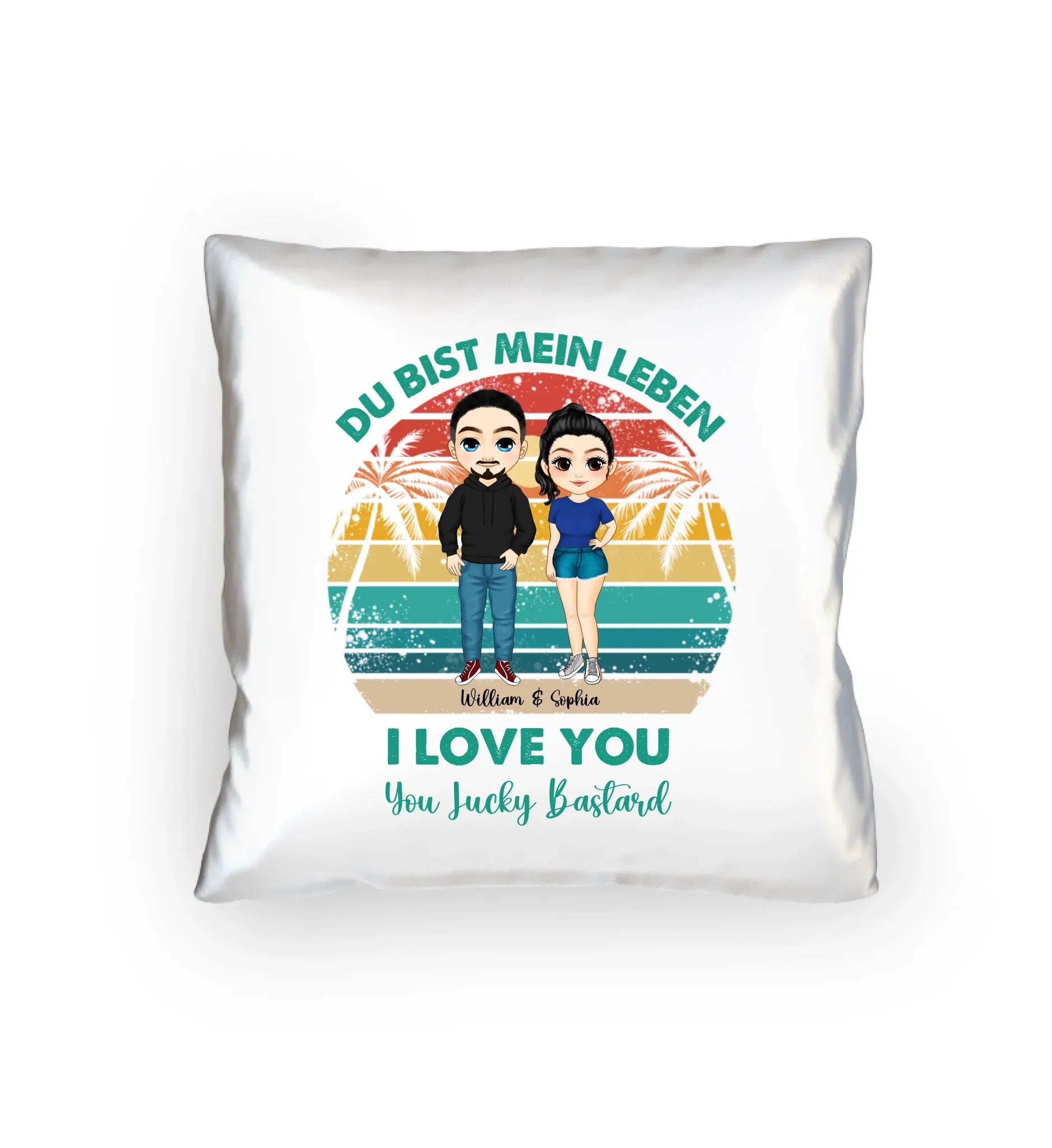 Paar-Design: Retro Palmen Couple (personalisierbare Figuren) - Kissen 40x40 cm / White / 40cm-x-40cm