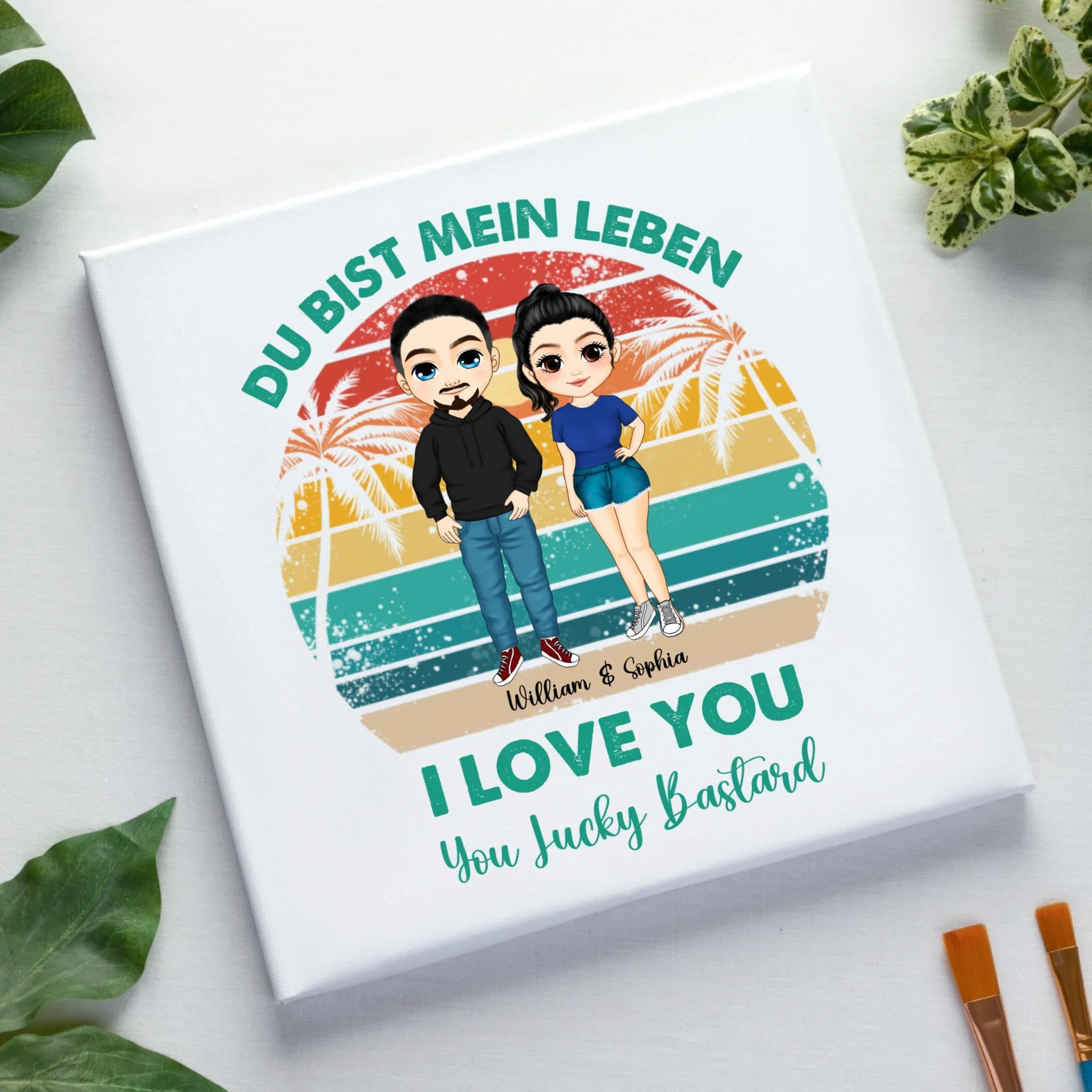 Paar-Design: Retro Palmen Couple (personalisierbare Figuren) - Leinwand auf Holzkeilrahmen / Standard / 20cm-x-20xm