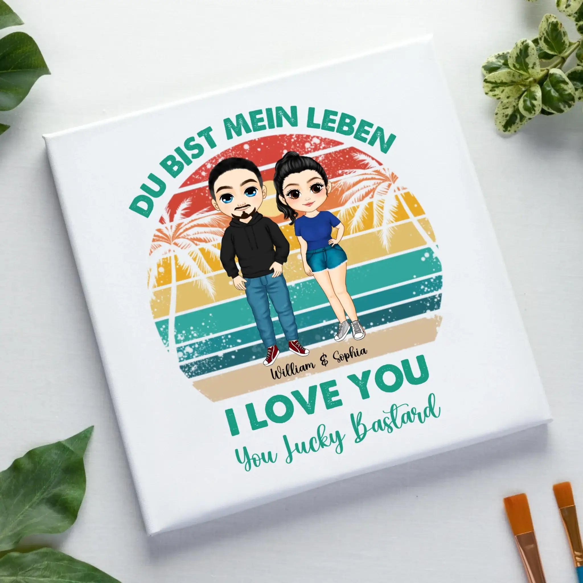 Paar-Design: Retro Palmen Couple (personalisierbare Figuren) - Leinwand auf Holzkeilrahmen / Standard / 20cm-x-20xm