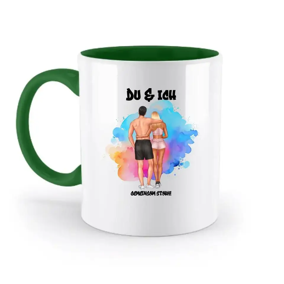 Paar Designer Fitness Couple, personalisierbar: Zweifarbige Tasse 330ml mit farbigem Innendruck
