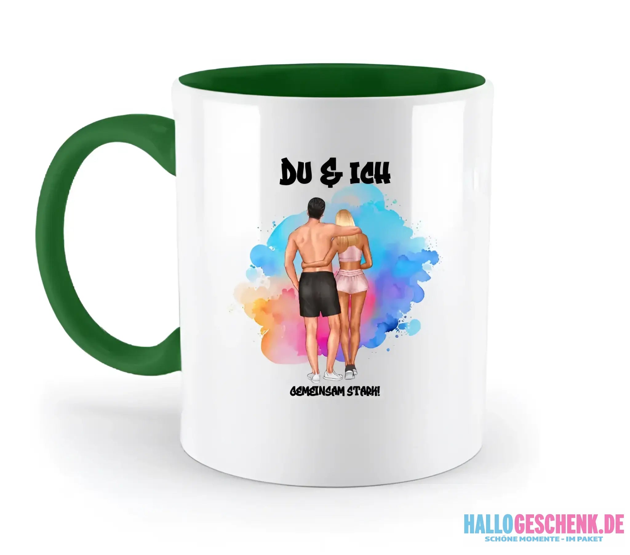 Paar Designer Fitness Couple, personalisierbar: Zweifarbige Tasse 330ml mit farbigem Innendruck