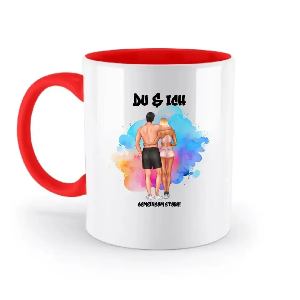 Paar Designer Fitness Couple, personalisierbar: Zweifarbige Tasse 330ml mit farbigem Innendruck