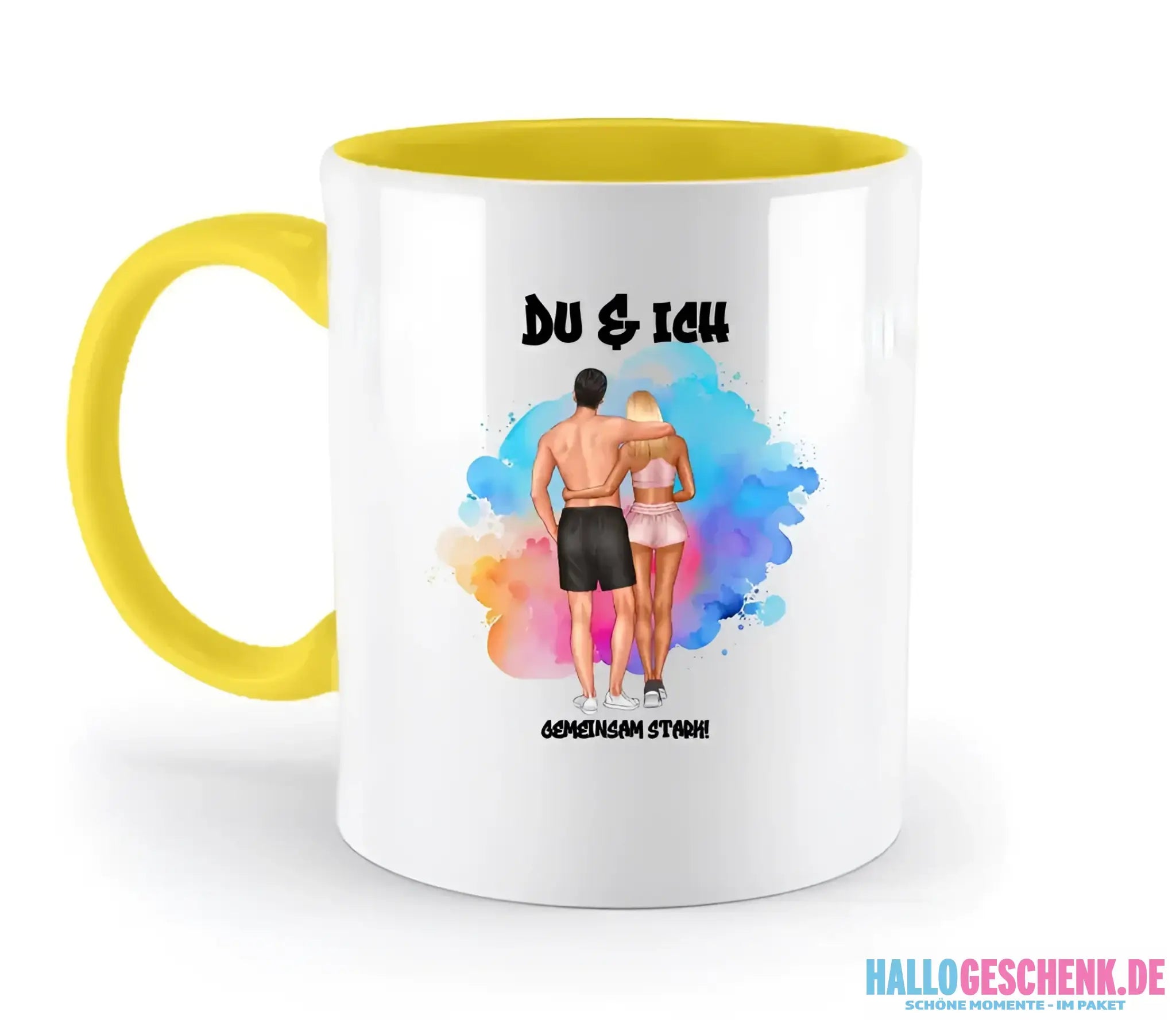 Paar Designer Fitness Couple, personalisierbar: Zweifarbige Tasse 330ml mit farbigem Innendruck