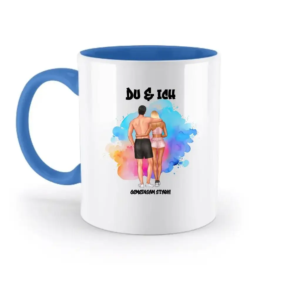 Paar Designer Fitness Couple, personalisierbar: Zweifarbige Tasse 330ml mit farbigem Innendruck