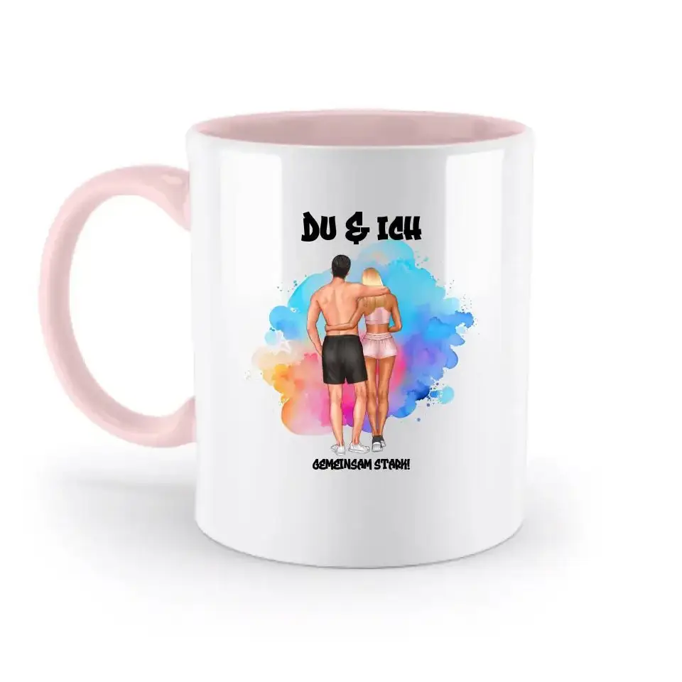 Paar Designer Fitness Couple, personalisierbar: Zweifarbige Tasse 330ml mit farbigem Innendruck