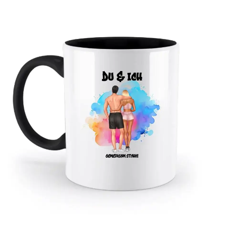 Paar Designer Fitness Couple, personalisierbar: Zweifarbige Tasse 330ml mit farbigem Innendruck