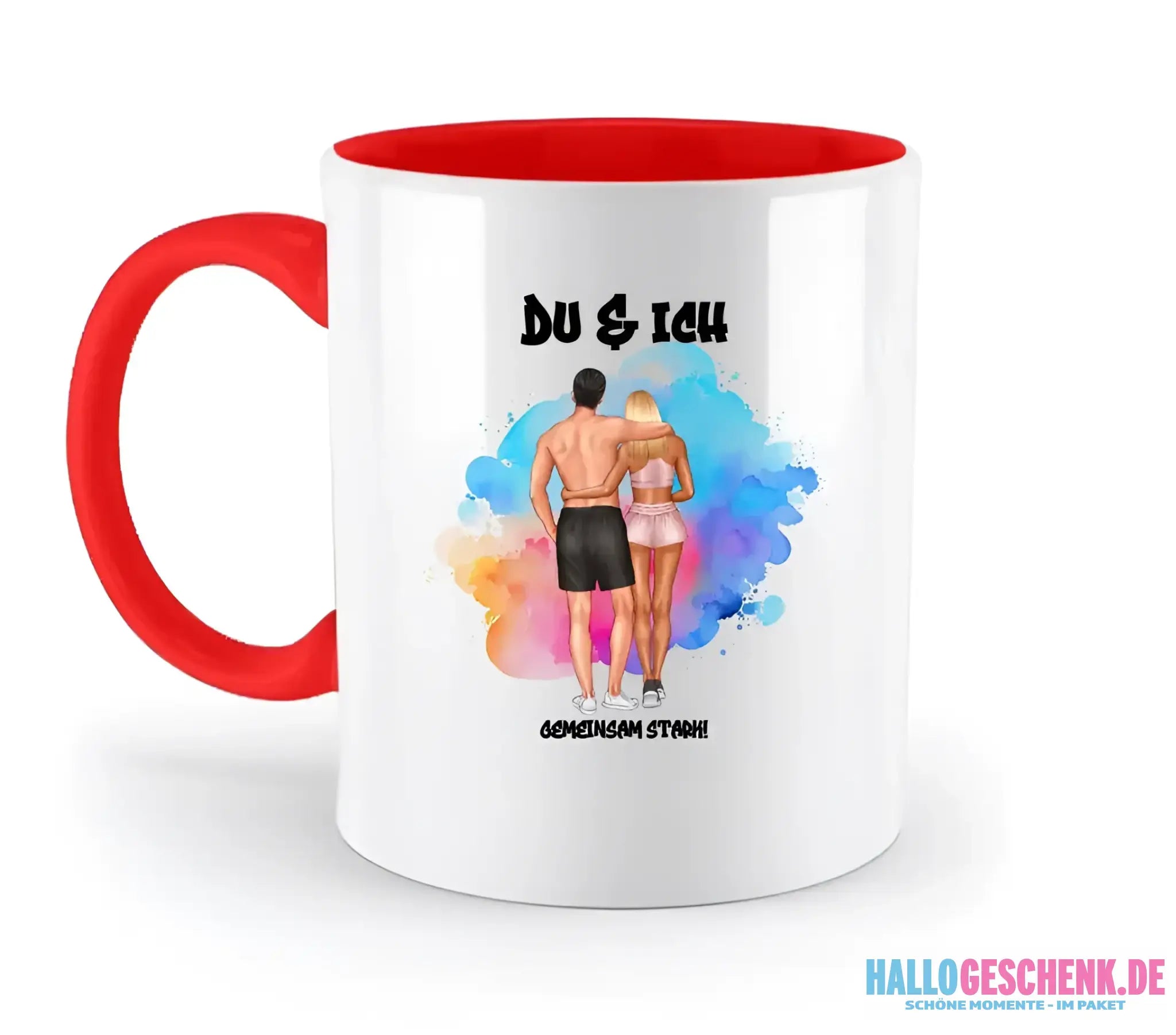 Paar Designer Fitness Couple, personalisierbar: Zweifarbige Tasse 330ml mit farbigem Innendruck