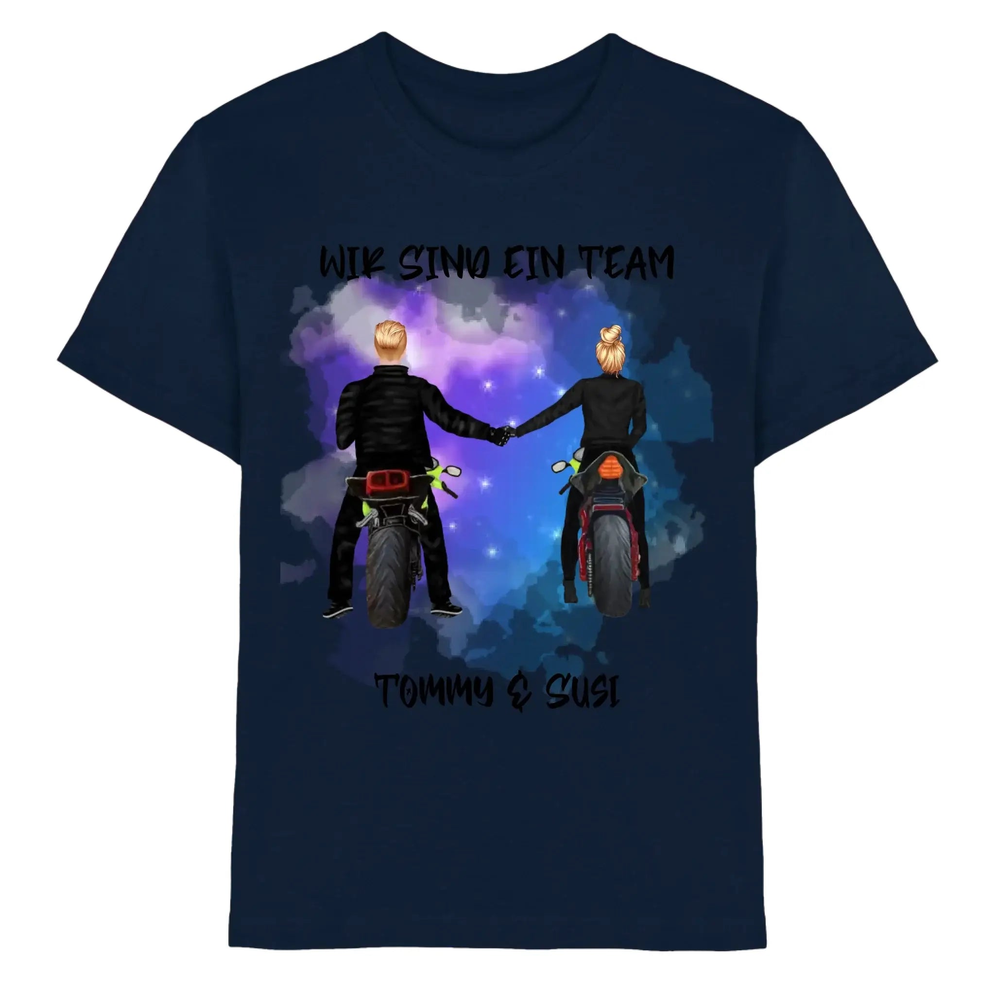 Dunkelblaues baumwollshirt mit motorradpaar grafik und personalisiertem wir sind ein team und tommy und susi text