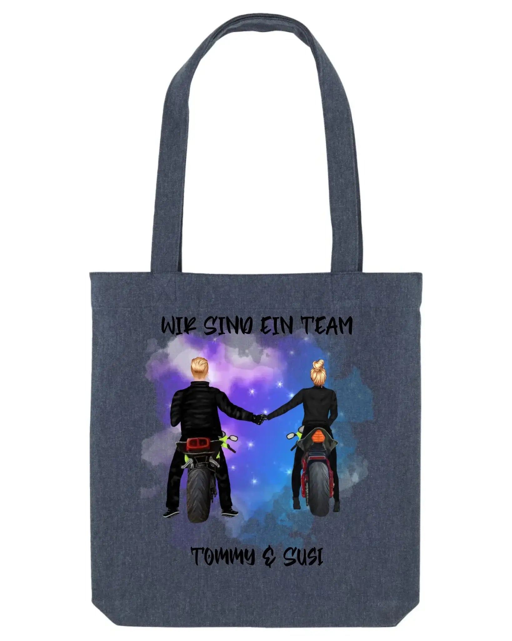 Dunkelblauer canvas tote bag mit motorradpaar design tommy und susi gegen sternenhintergrund wir sind ein team