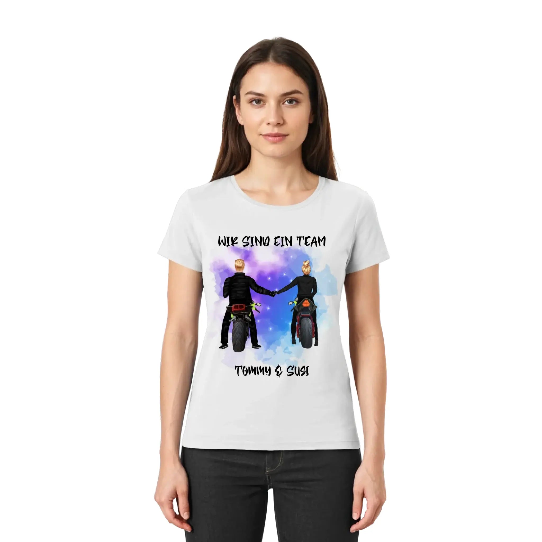 Weißes baumwoll t-shirt mit motorrad couple grafik und wir sind ein team text aus der paar designer statement collection