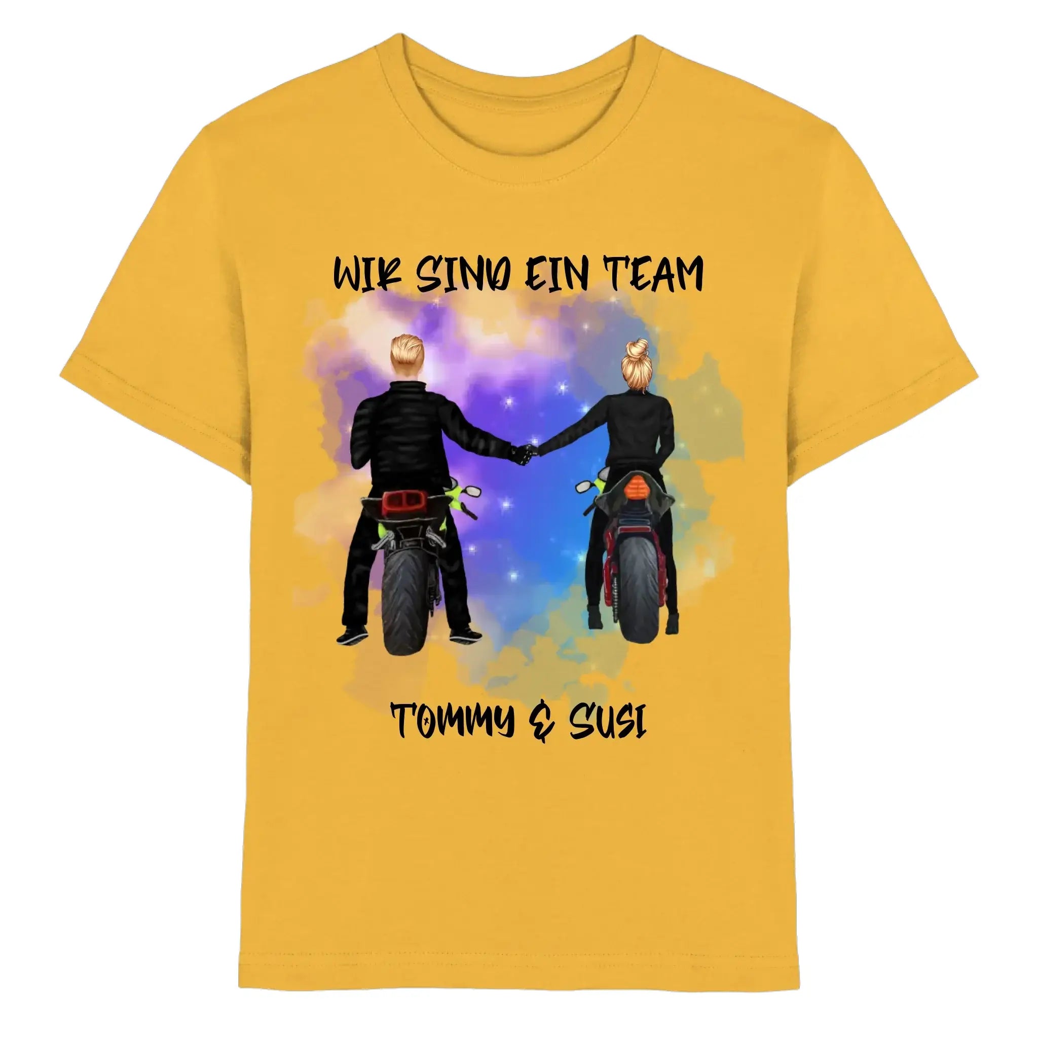 Gelbes t-shirt mit personalisierten motorrad-couple design tommy und susi im kosmischen straßenschild-stil