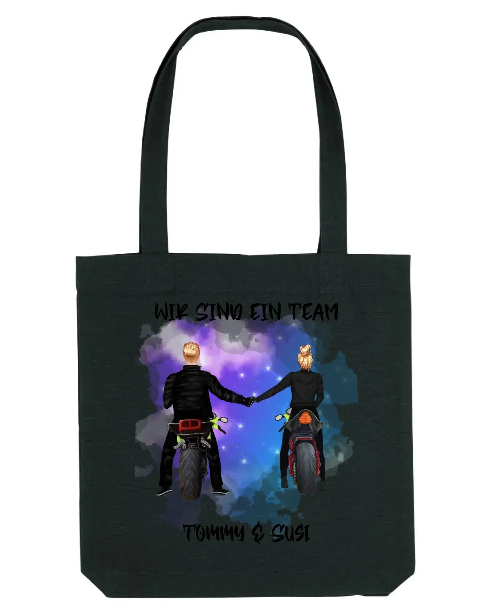 Schwarze canvas tote bag mit bedrucktem motorradpaar und kosmischem hintergrund mit text wir sind ein team und namen tommy und susi