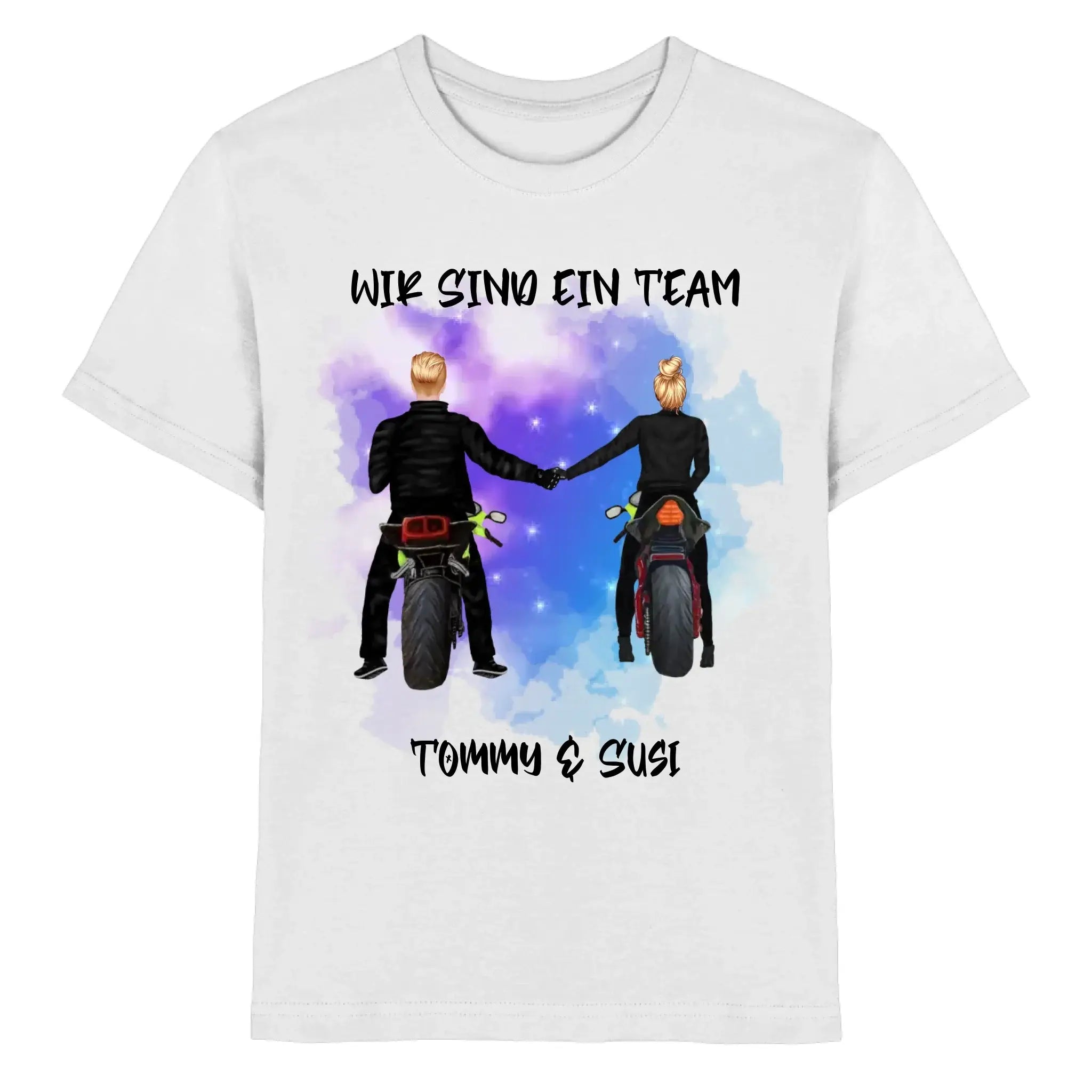 Weiße baumwoll-t-shirt mit grafik von motorradpaar tommy und susi und text wir sind ein team aus der statement-collection