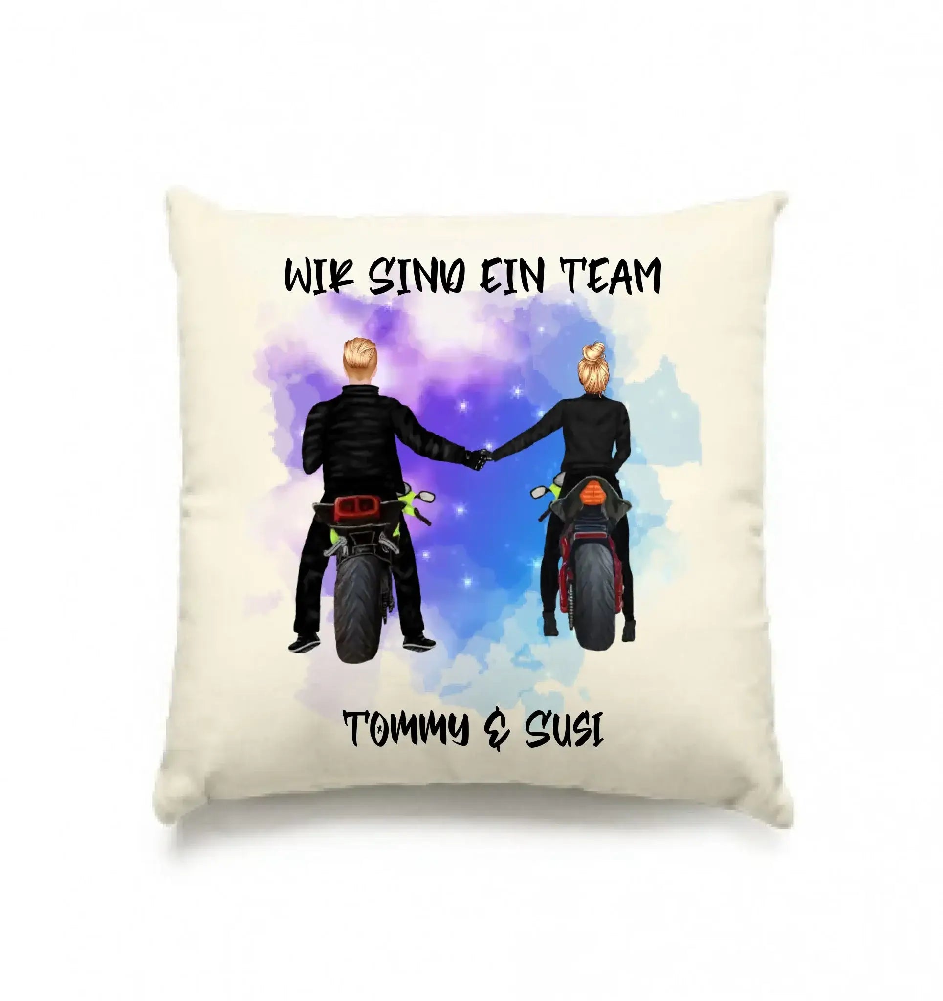 Creamfarbiges paar-designer kissen mit motorrad couple print und text wir sind ein team tommy & susi