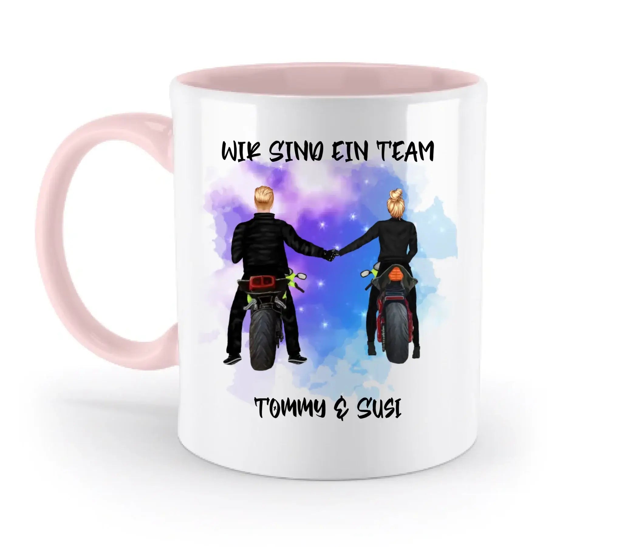 Weiße keramiktasse mit pinkem griff und innenbereich mit paar-designer motorrad couple straßenschild design