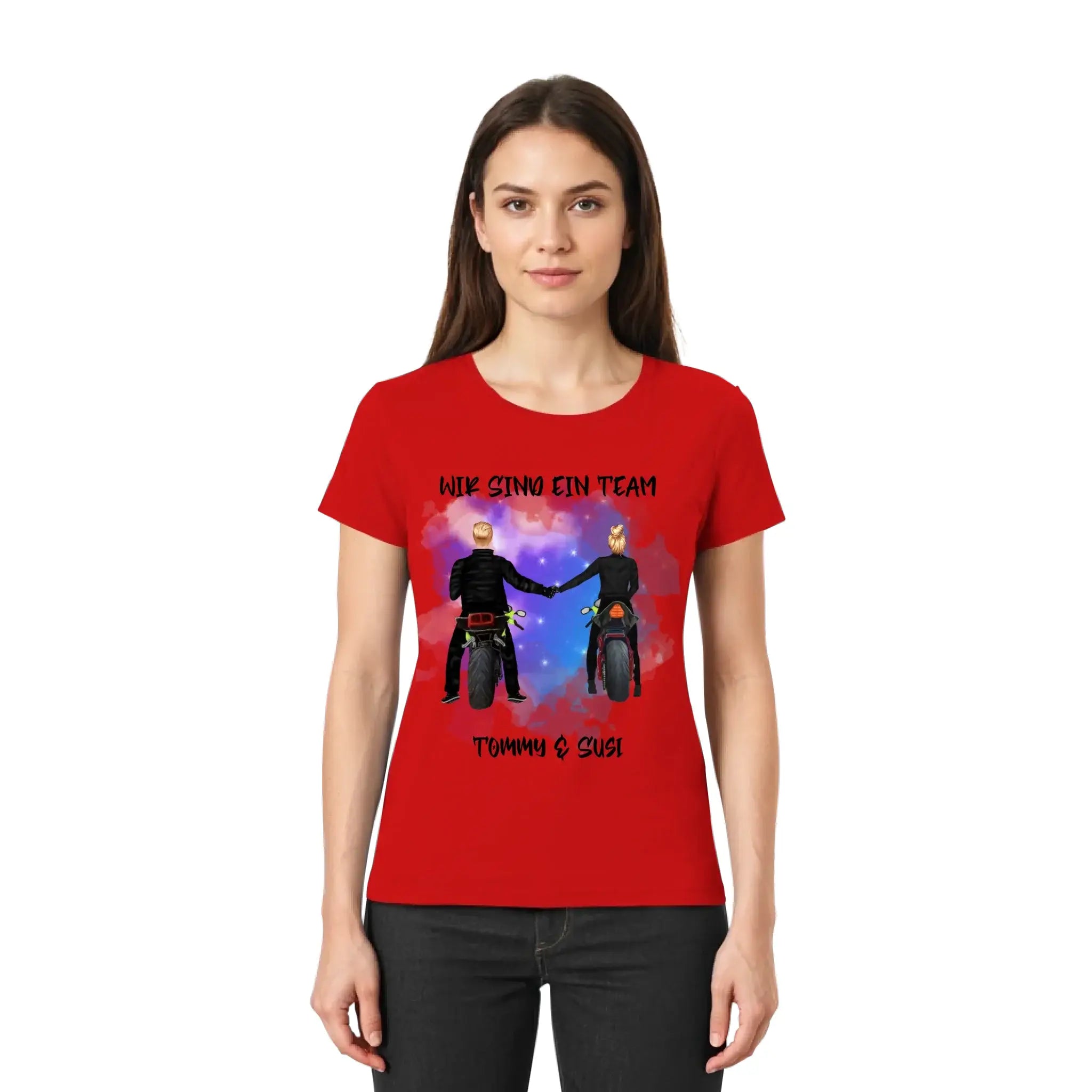 Rotes kurzarmshirt mit persönlichem motorradpaar-motiv wunschtext und text wir sind ein team tommy & susi