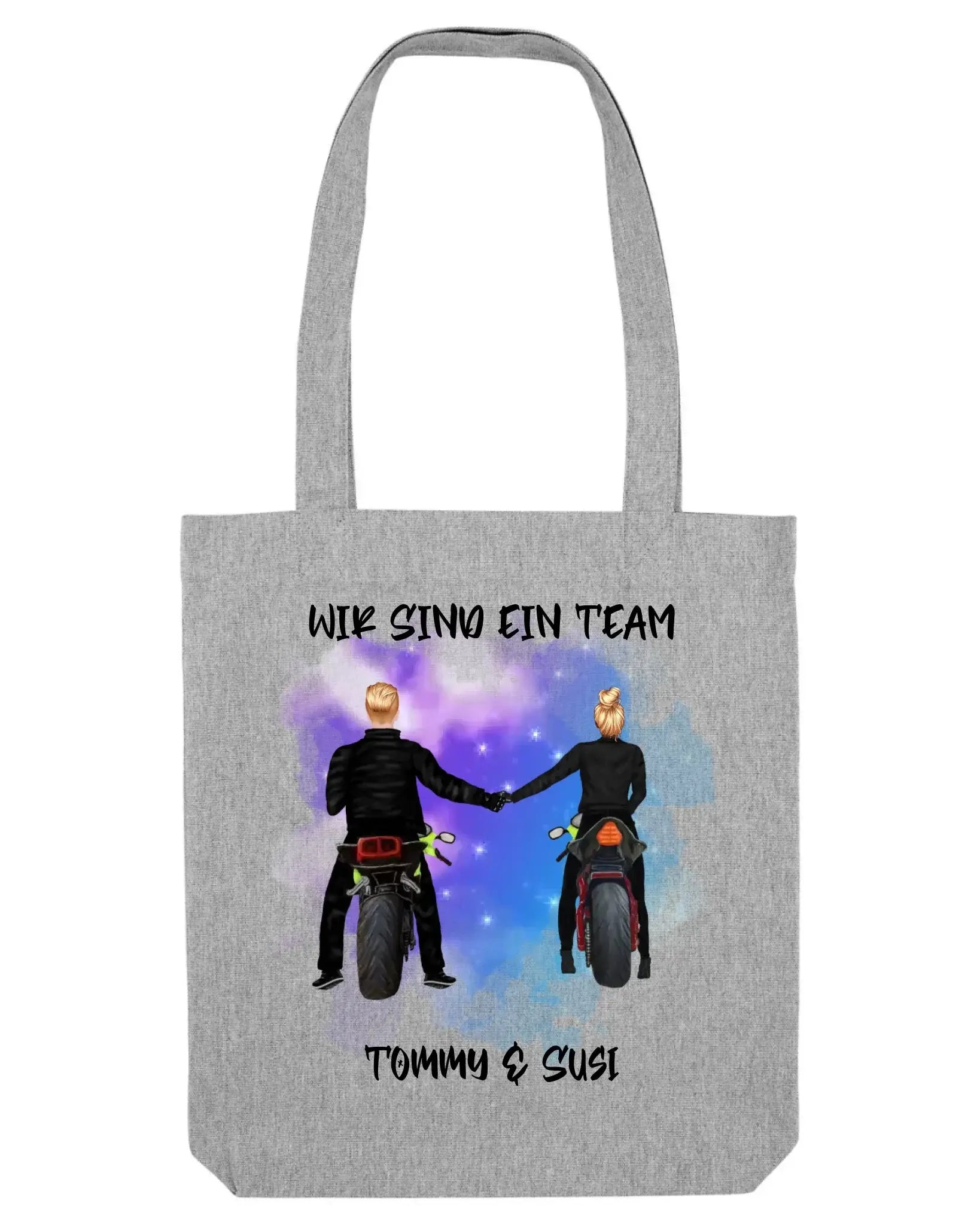 Graue canvas-tasche mit design von paar auf motorrädern vor kosmischem hintergrund mit wir sind ein team und tommy & susi