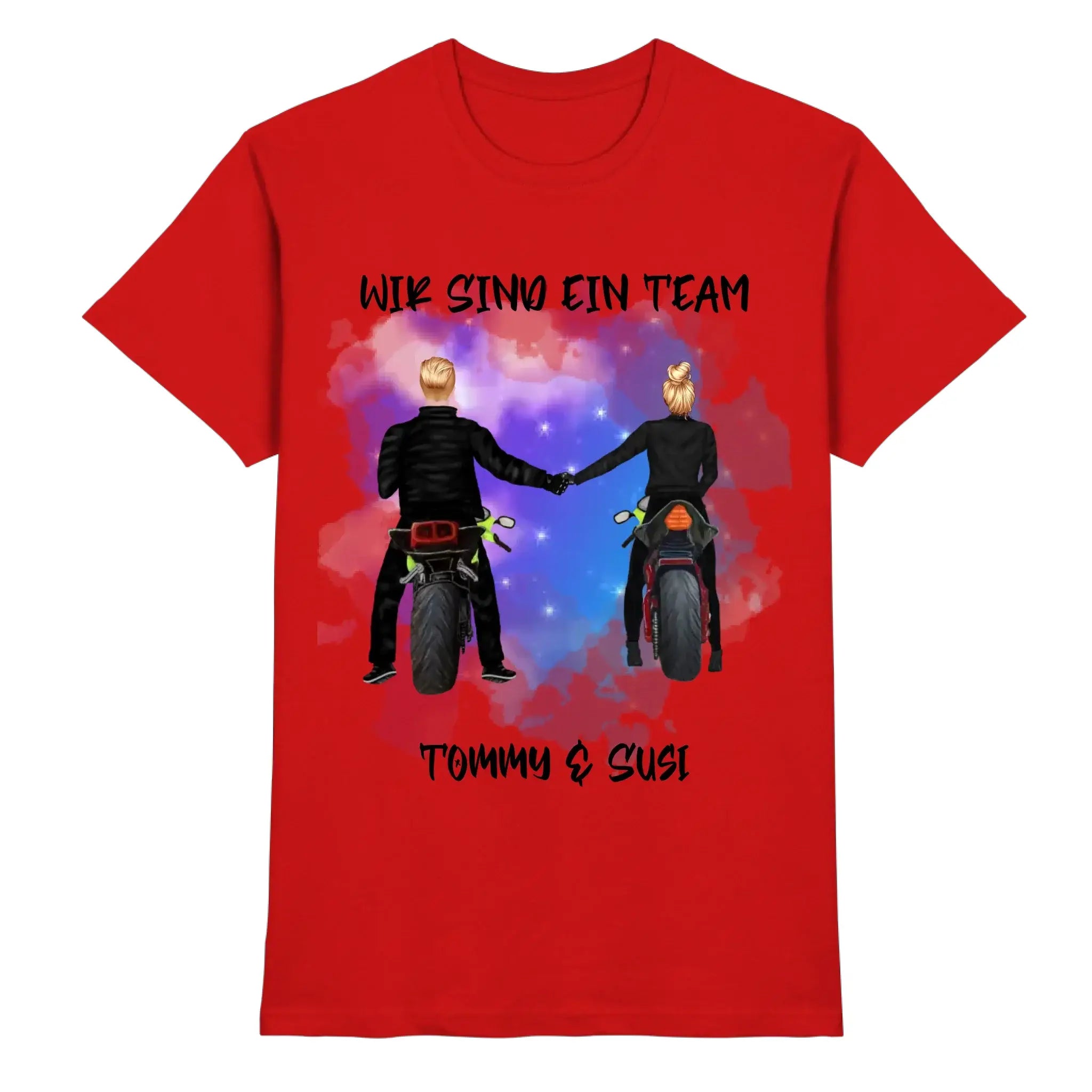 Rotes paar-designer t-shirt mit grafik von motorradpaar im kosmos und text wir sind ein team tommy & susi