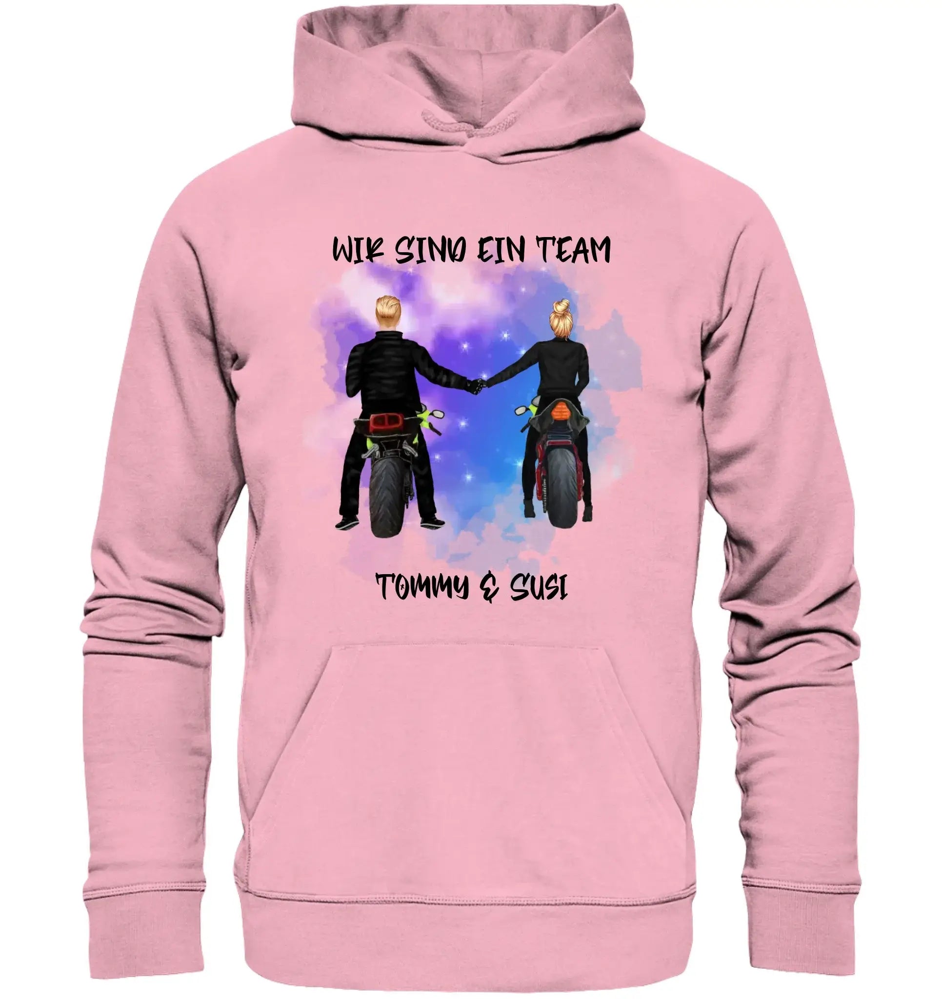 Rosa kapuzenpullover mit motorrad couple grafik tommy und susi und wir sind ein team text auf sternenhintergrund