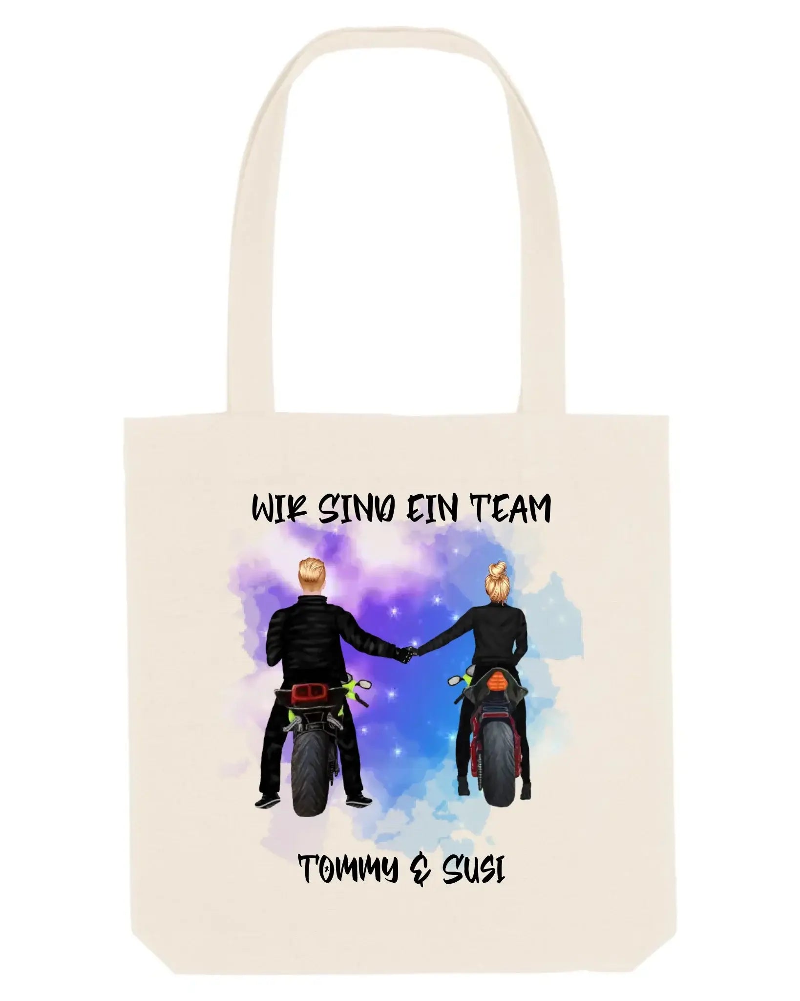 Creamfarbener canvas shopper mit aquarell illustration von motorrad couple wir sind ein team tommy & susi
