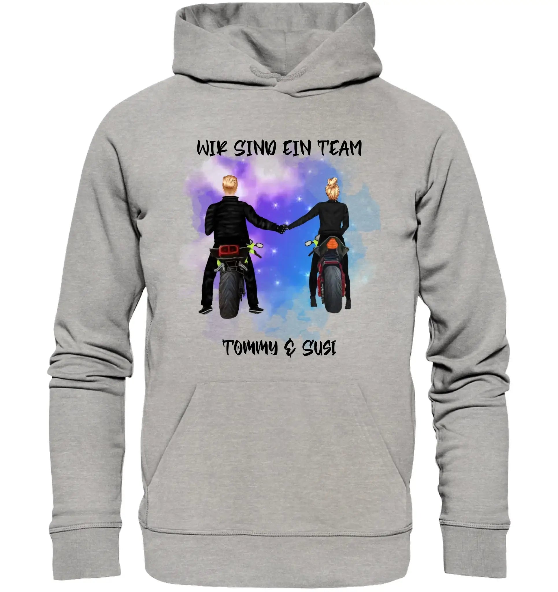 Grauer kapuzenpullover mit motorradpaar grafik tommy und susi wir sind ein team personalisierbar
