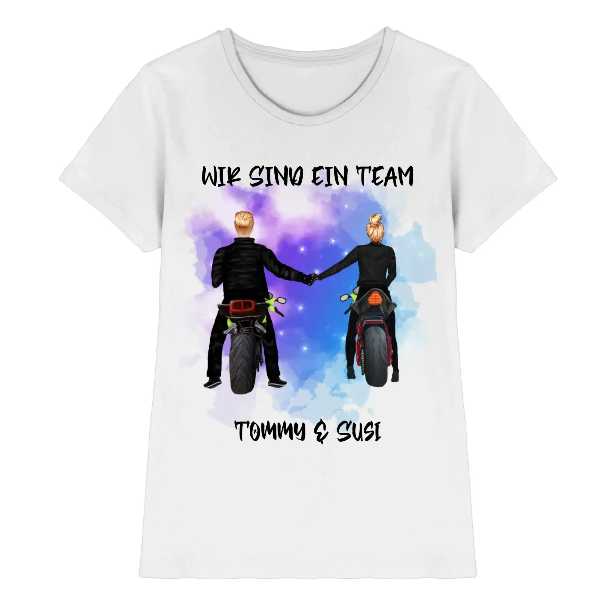 Weißes baumwoll t-shirt mit grafik von zwei motorradfahrern und text wir sind ein team mit namen tommy und susi