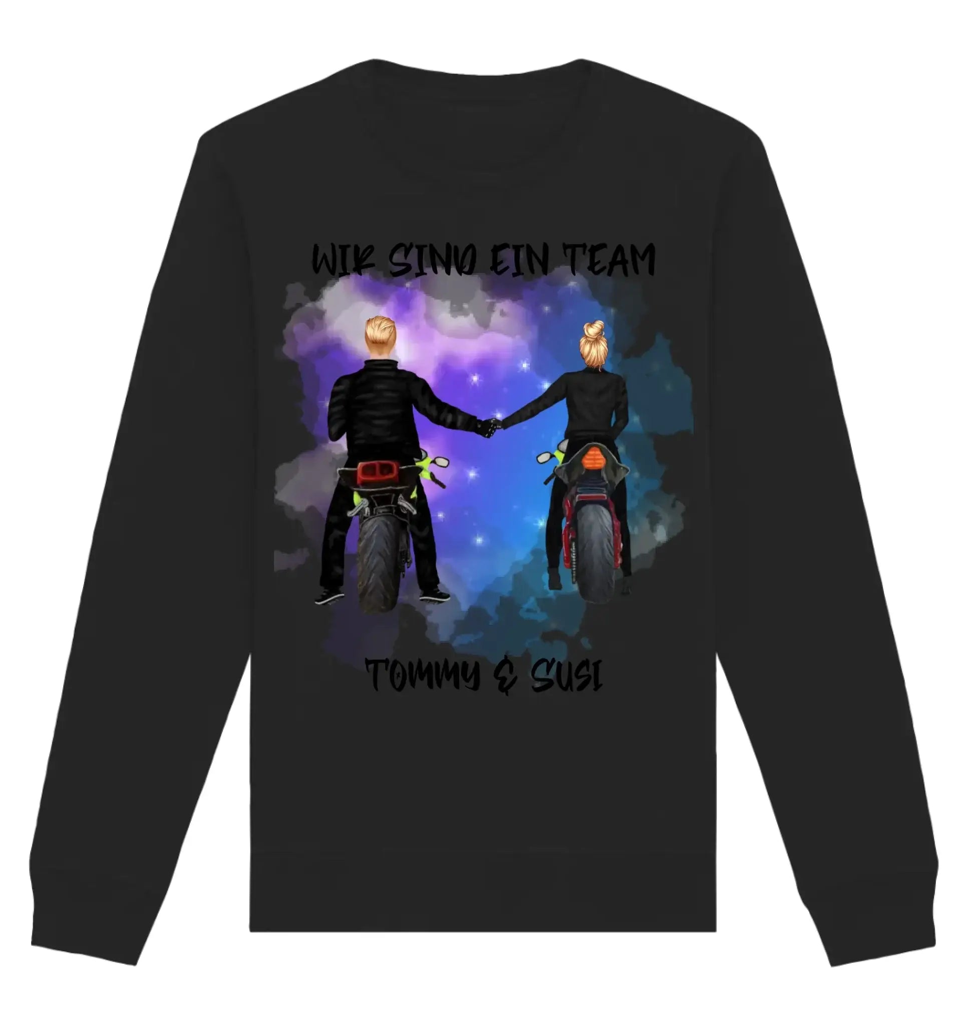 Schwarzer langarm sweatshirt mit grafik zweier motorradfahrer und text wir sind ein team plus namen personalisiert