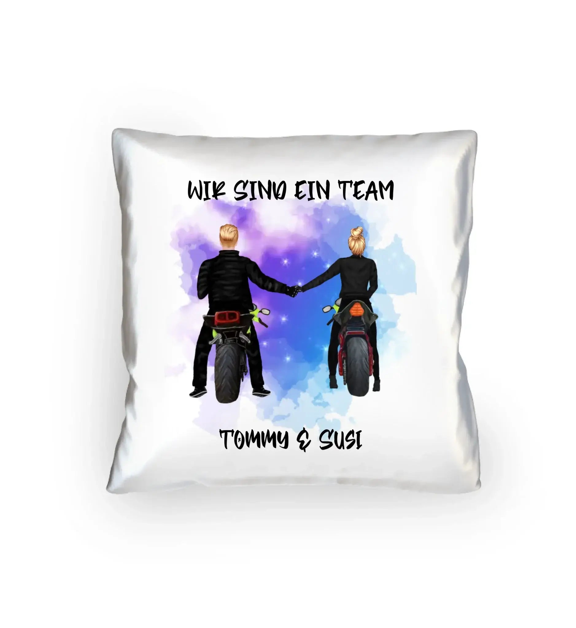 Weiße dekorative kissen mit motorradpaar design wir sind ein team tommy und susi personalisierte figur