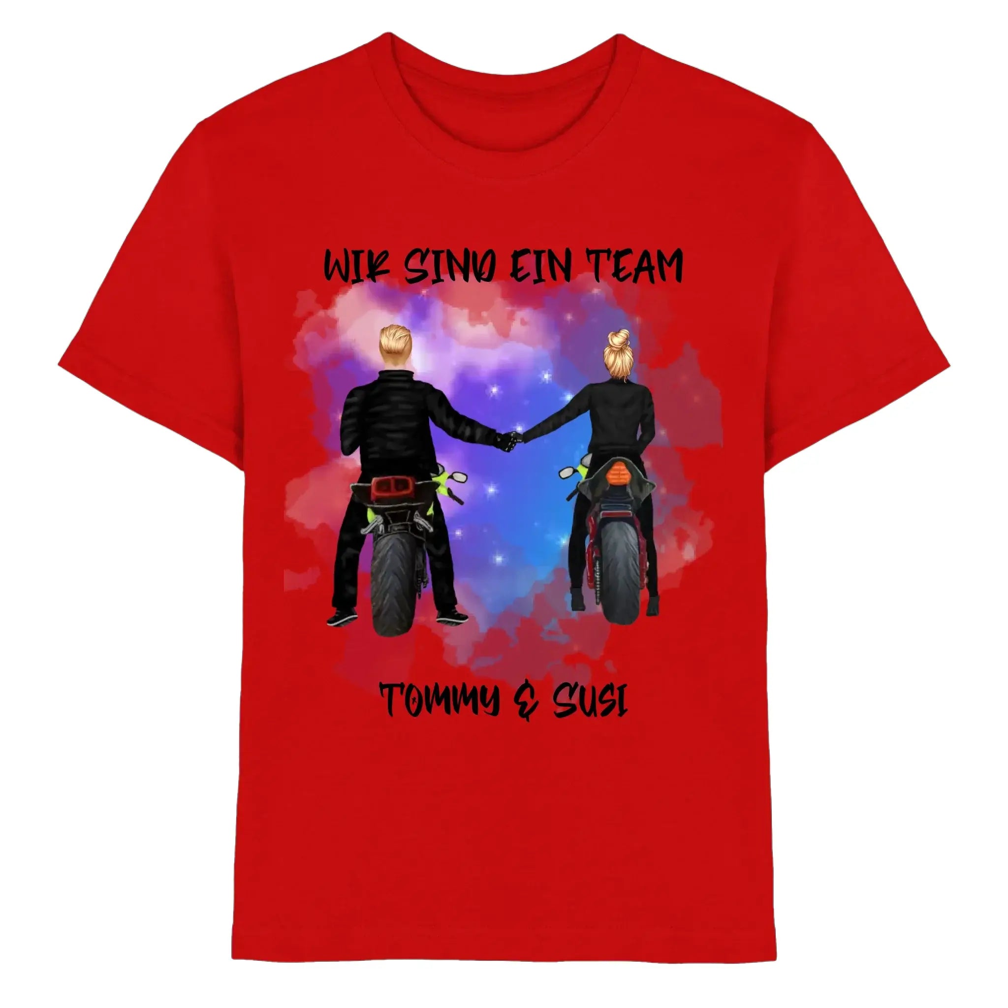 Rotes paar t shirt mit motorrad couple straßenschild grafik tommy und susi wir sind ein team design