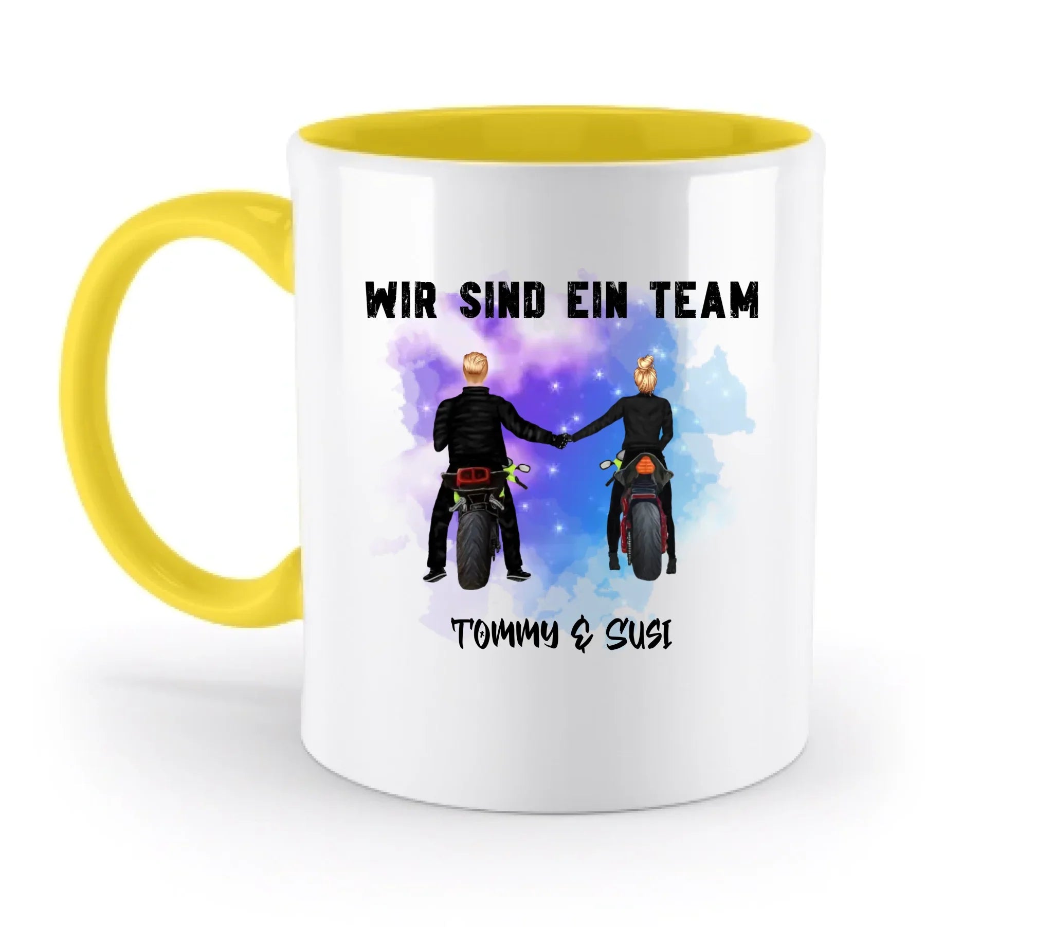 Paar mit Motorrad Couple • 4 Motive verfügbar • (personalisierbare Figuren) - Zweifarbige Tasse / Yellow / 330ml