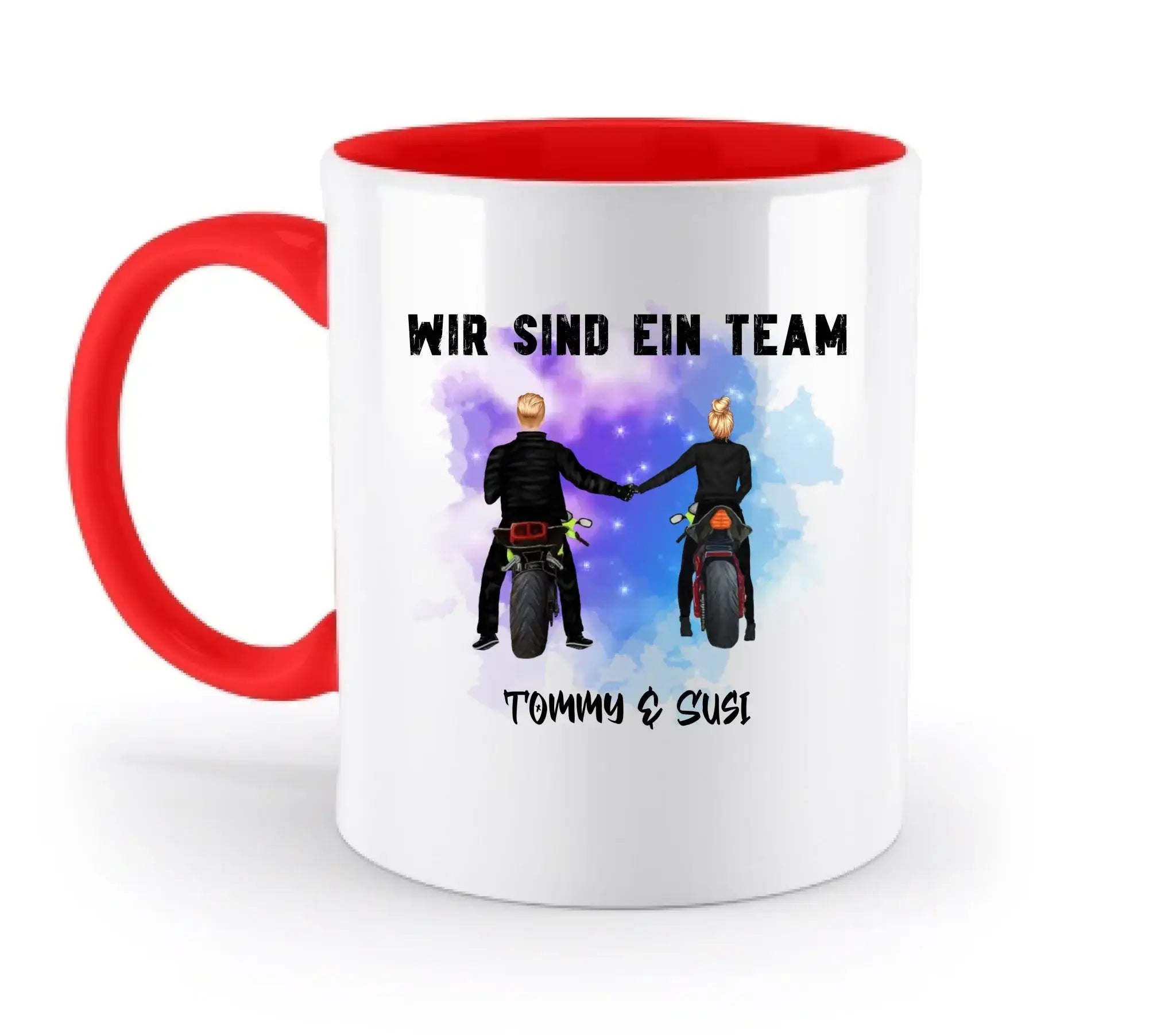 Paar mit Motorrad Couple • 4 Motive verfügbar • (personalisierbare Figuren) - Zweifarbige Tasse / Rubin-Red / 330ml