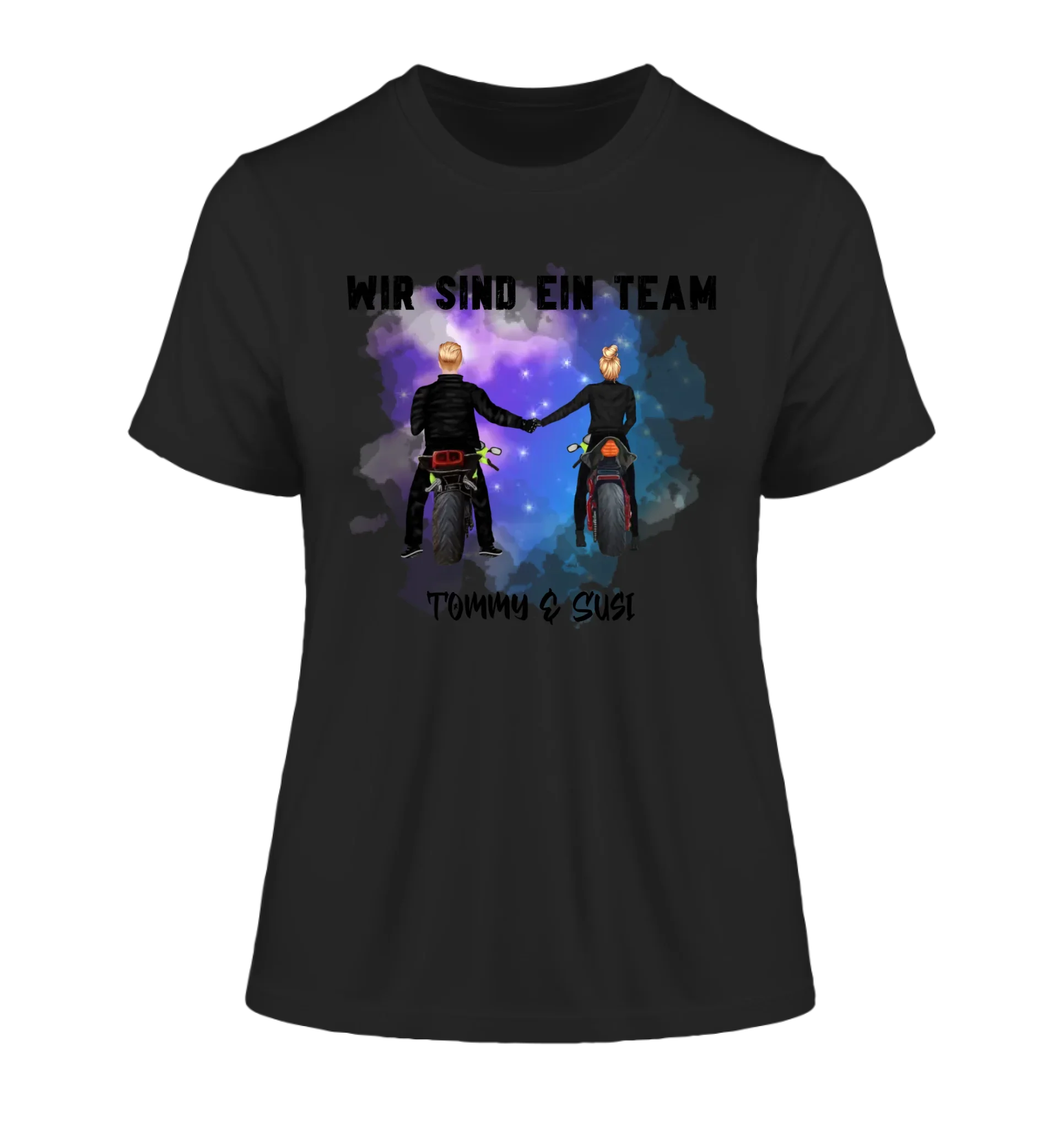 Paar mit Motorrad Couple • 4 Motive verfügbar • (personalisierbare Figuren) - Damen T-Shirt (Fitted) • Bio / Black