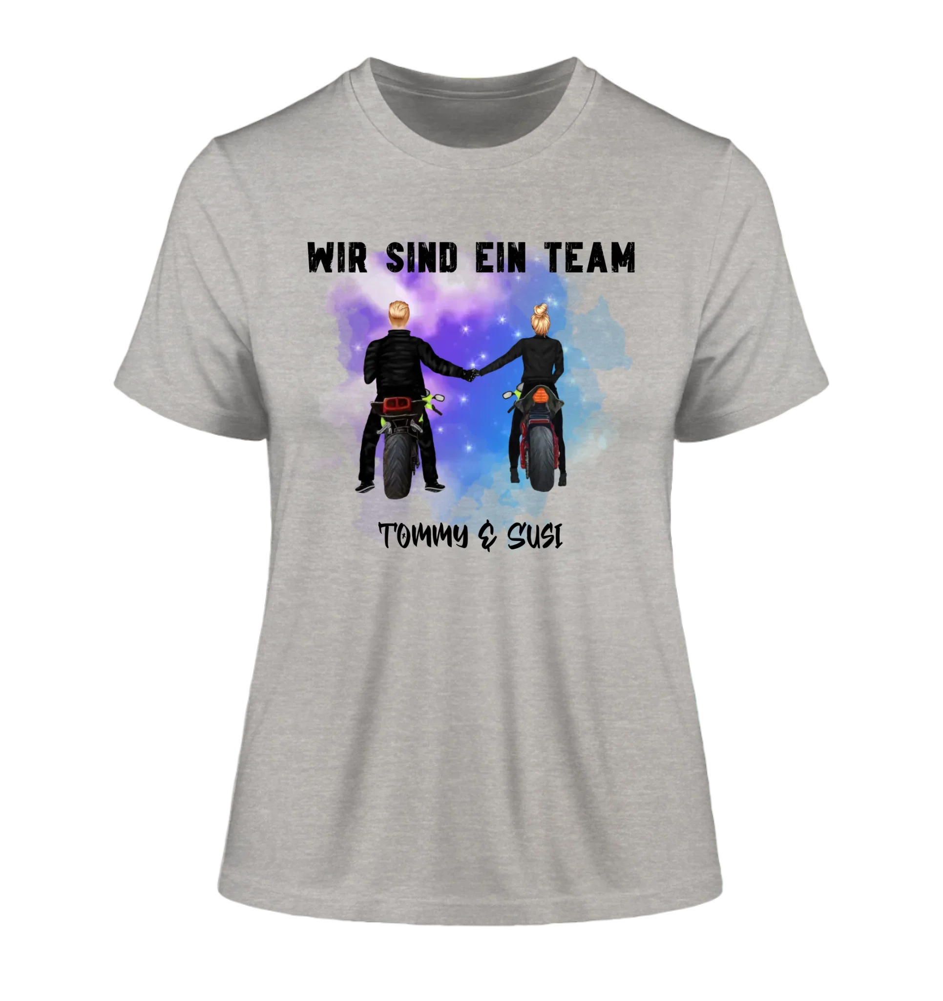 Paar mit Motorrad Couple • 4 Motive verfügbar • (personalisierbare Figuren) - Damen T-Shirt (Fitted) • Bio / Heather