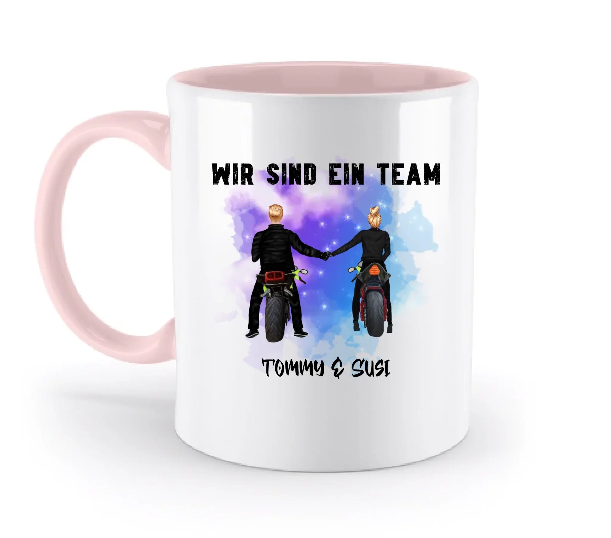 Paar mit Motorrad Couple • 4 Motive verfügbar • (personalisierbare Figuren) - Zweifarbige Tasse / Powder-Pink / 330ml