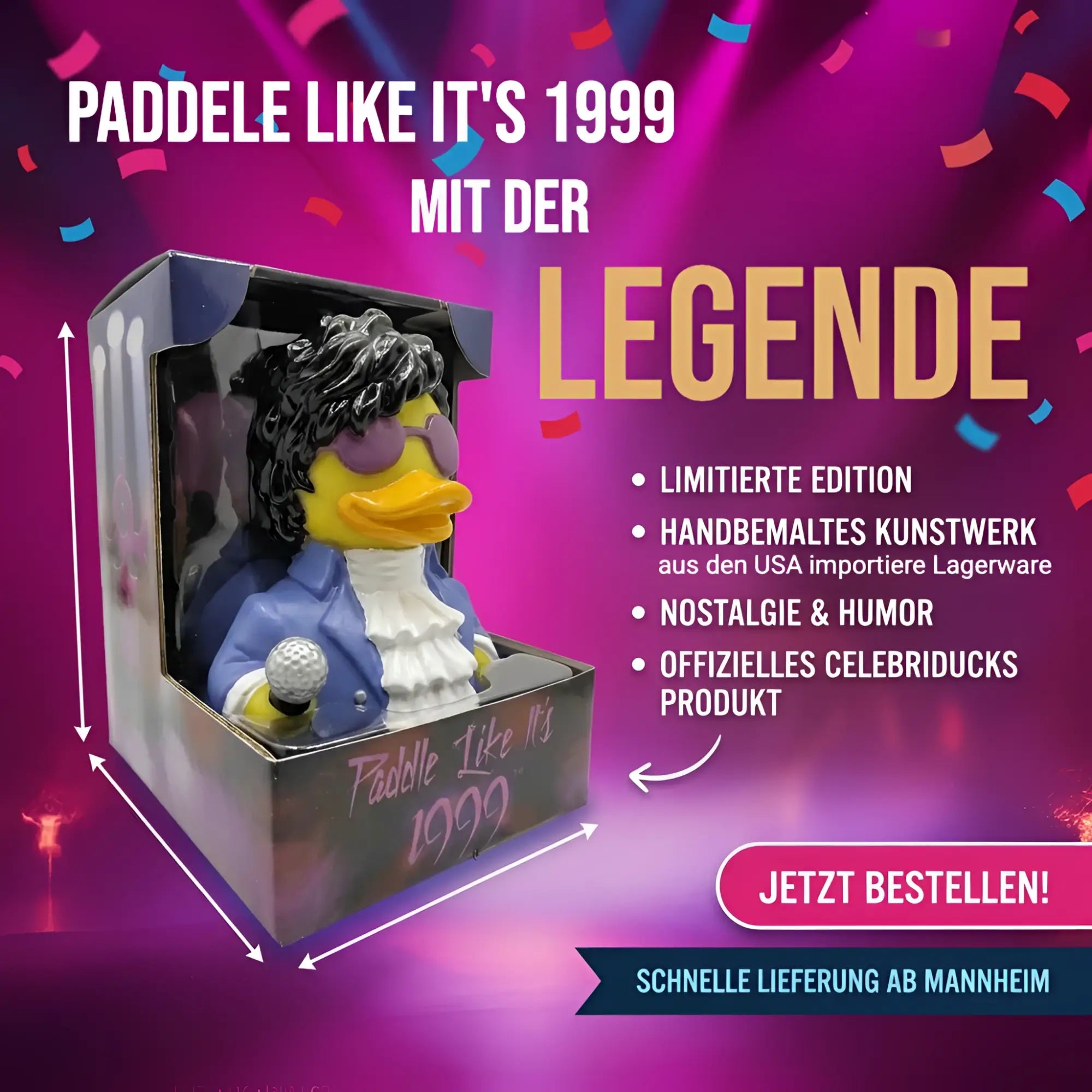 Handbemalte gummiente als 90er rockstar mit blauer jacke und sonnenbrille paddle like it´s 1999 von celebriducks