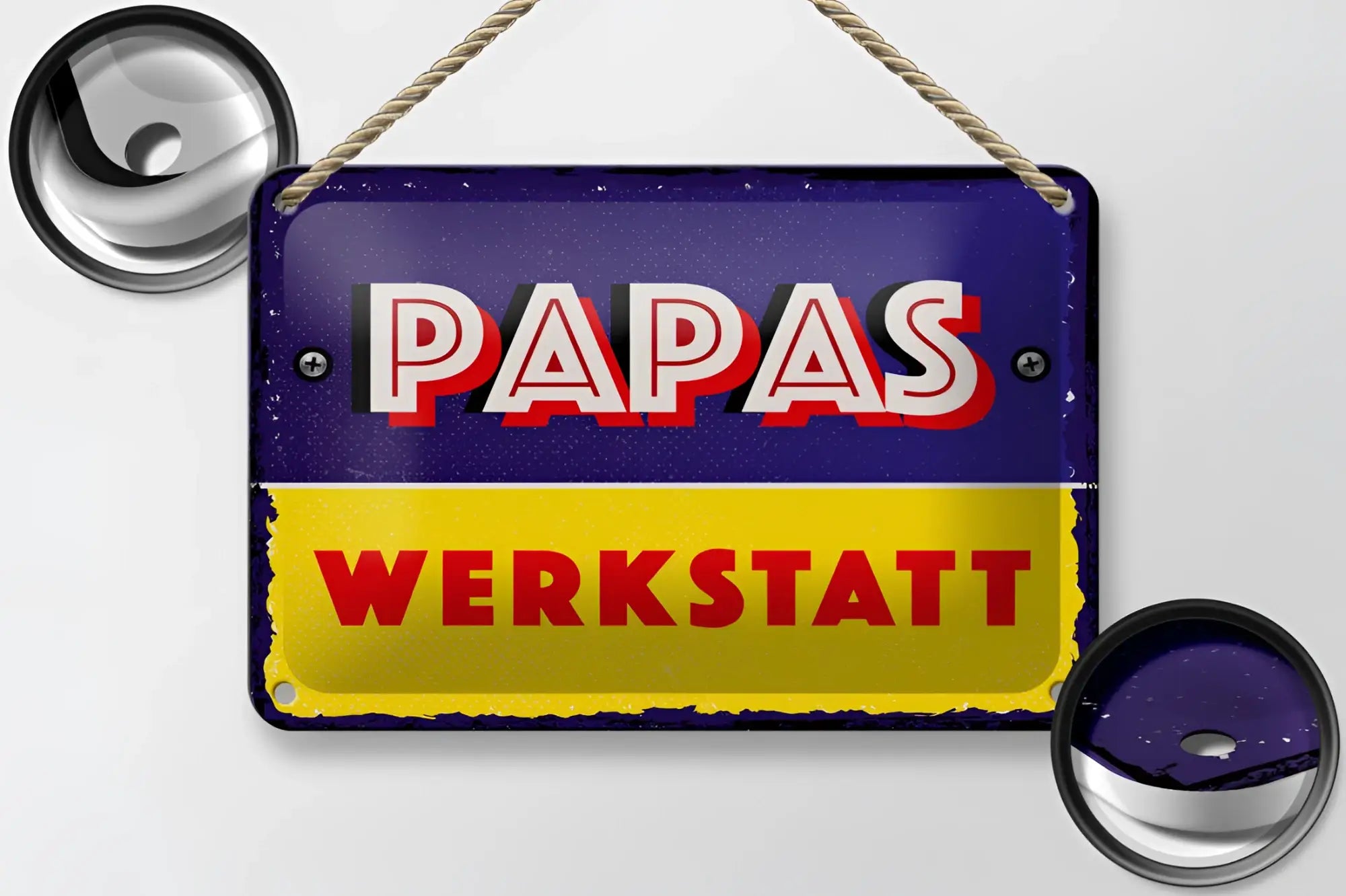 Vintage-blechschild papas werkstatt in blau und gelb mit roter schrift 20x30cm aus emaille