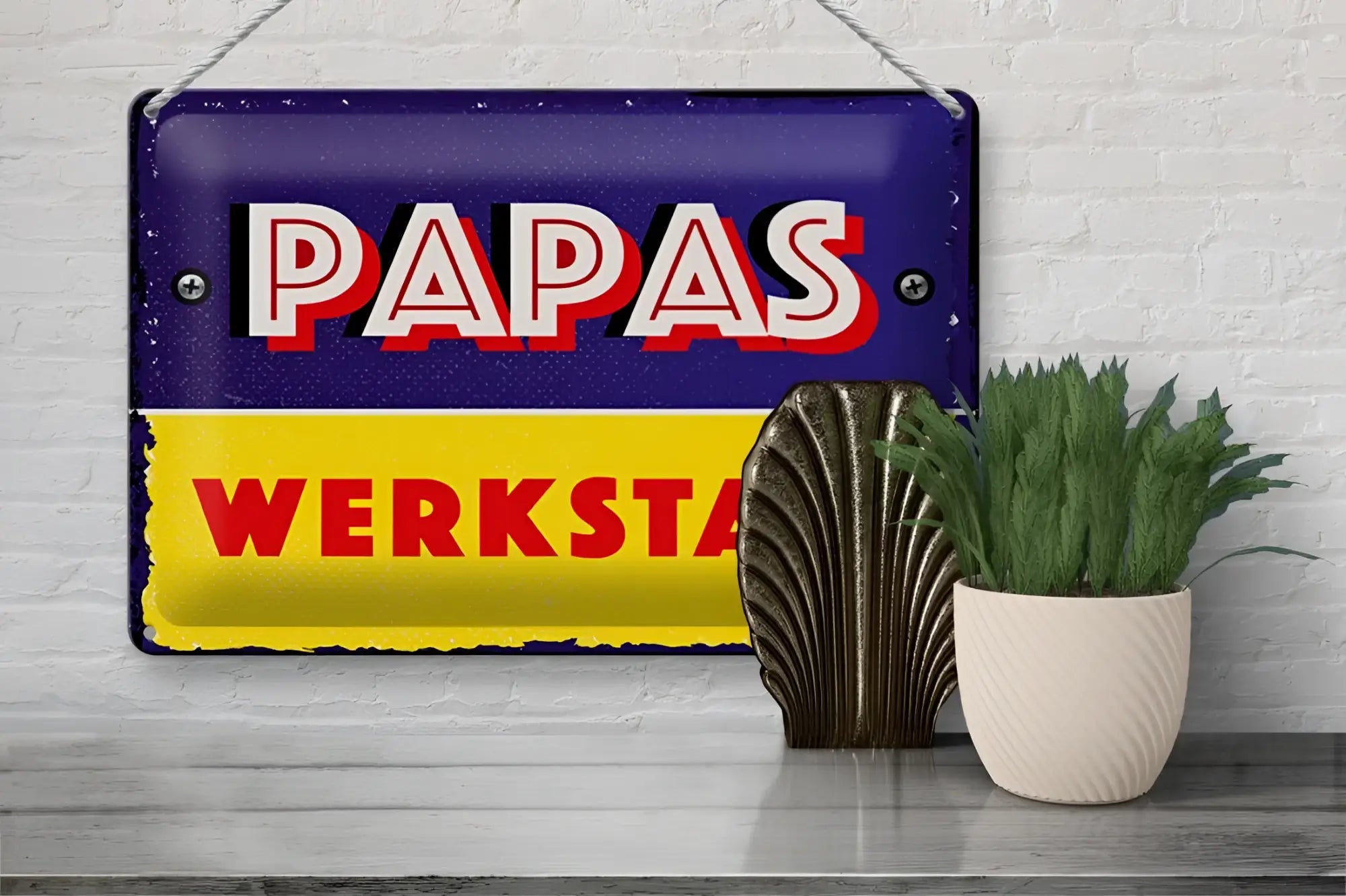 Vintage blechschild 20x30cm papas werkstatt in blau und gelb mit roten buchstaben