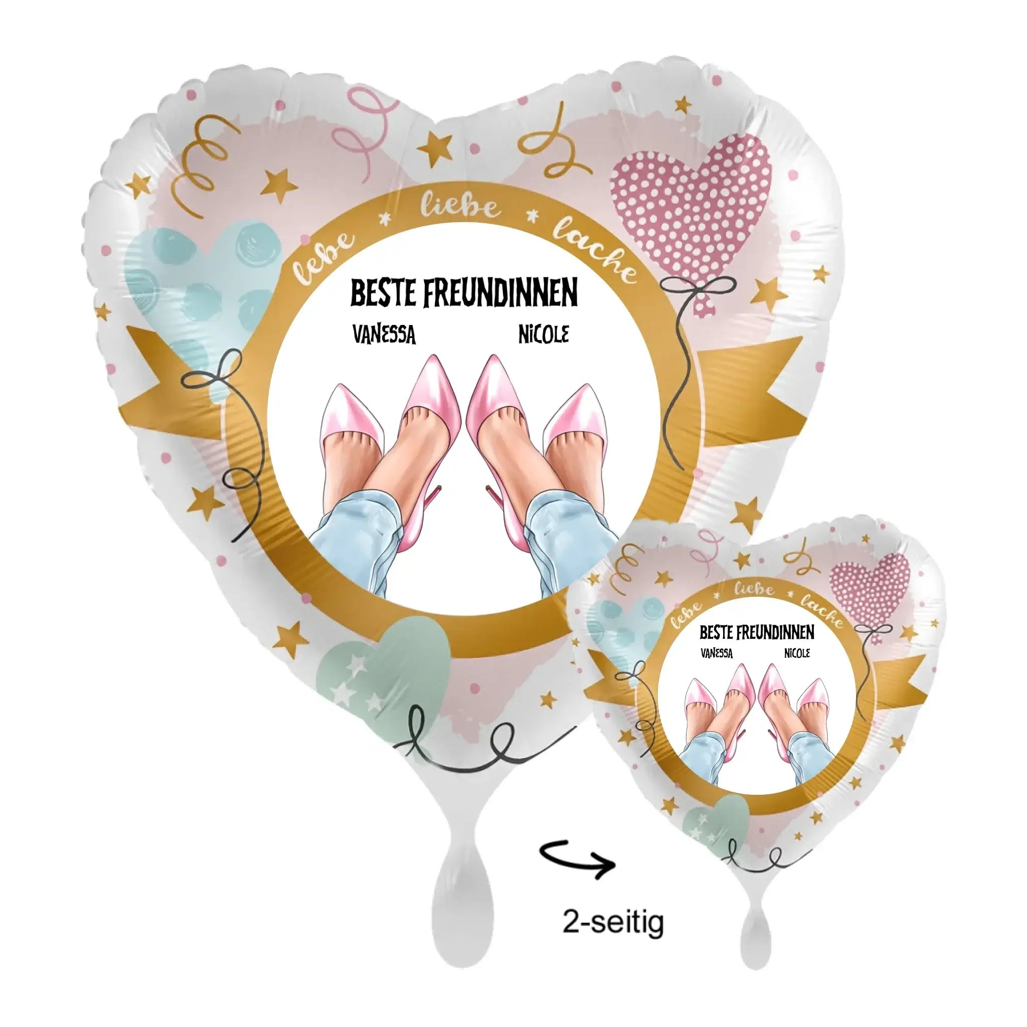 Personalisierbarer herzförmiger 43cm folieballon mit pinken high heels und beste freundinnen text mit vanessa und nicole