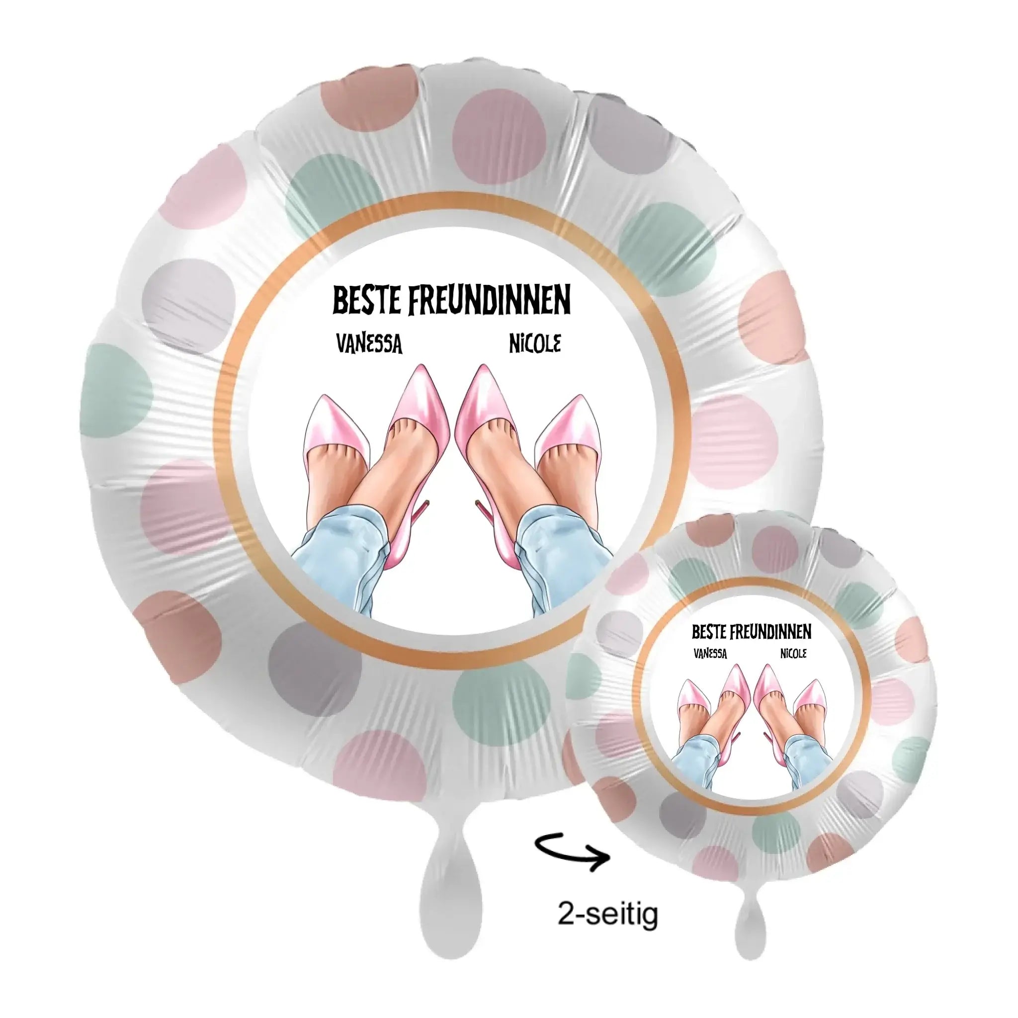 Weißer polka punkt folie luftballon 43cm mit bedrucktem design zwei paare füße in pinken high heels und blauen jeans