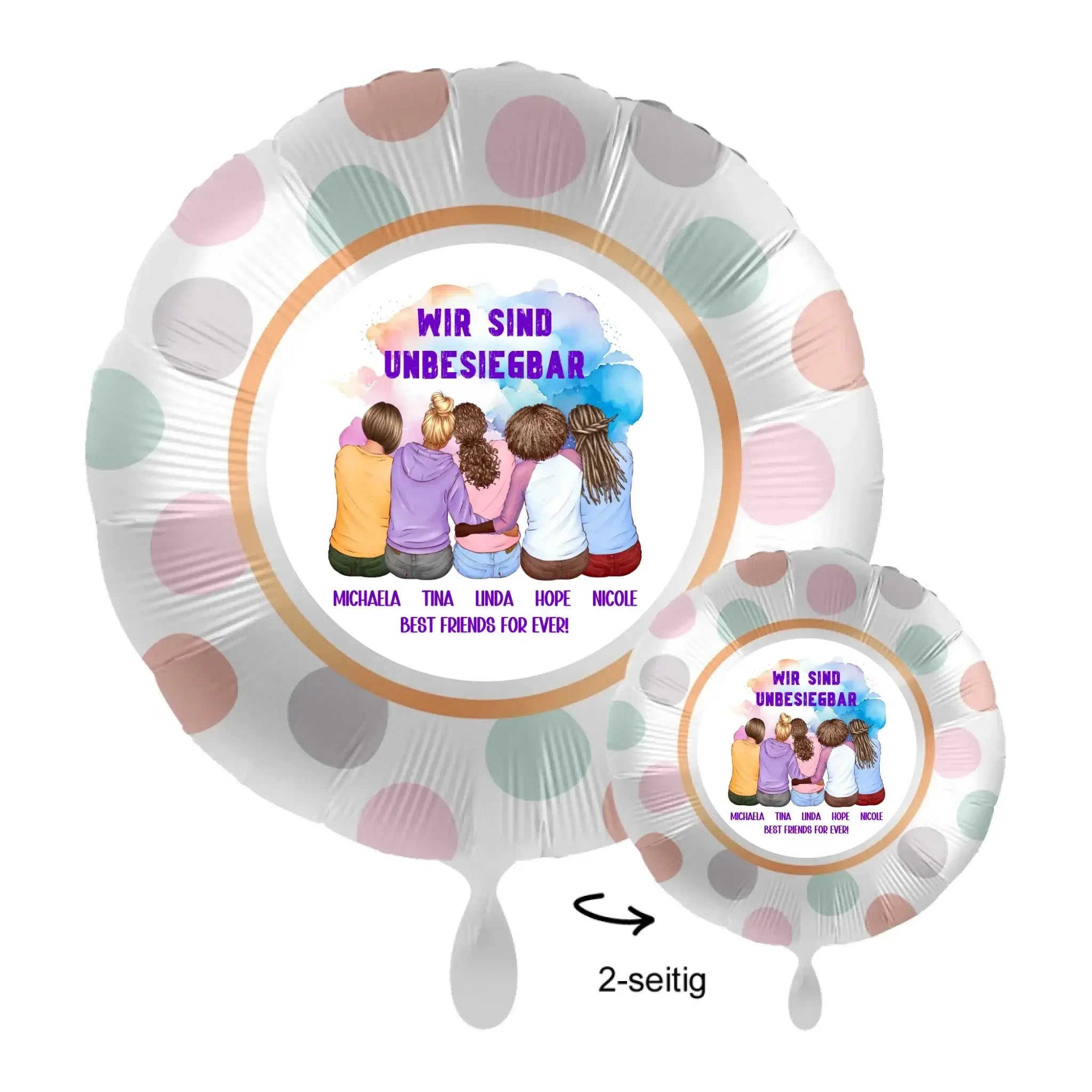 Personalisierbarer weißer luftballon mit pastelligen punkten und design von fünf freundinnen mit wir sind unbesiegbar text