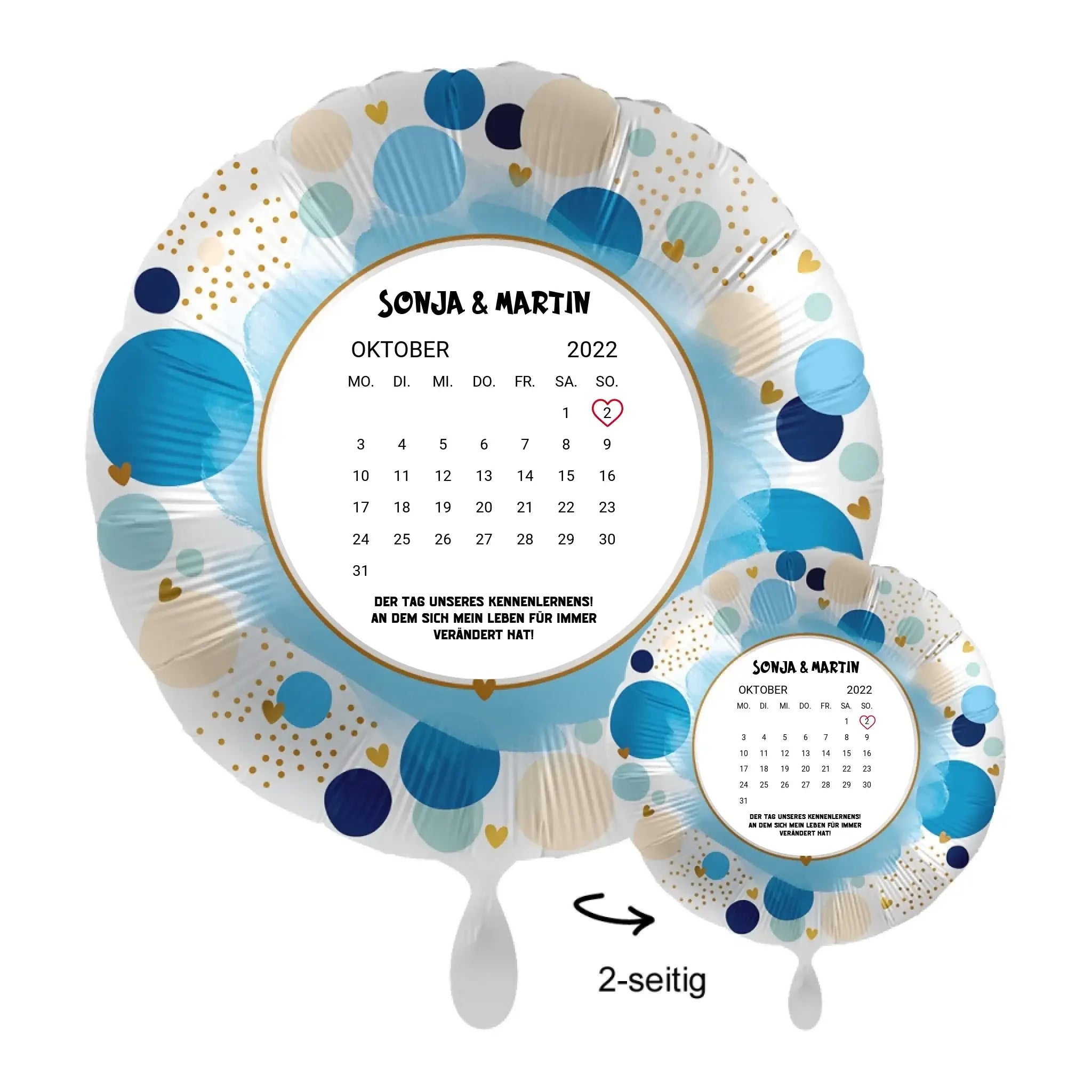 Personalisierbarer kalender luftballon 43cm mit blau weißen punkten und goldenen herzakzenten oktober 2022 doppelseitig