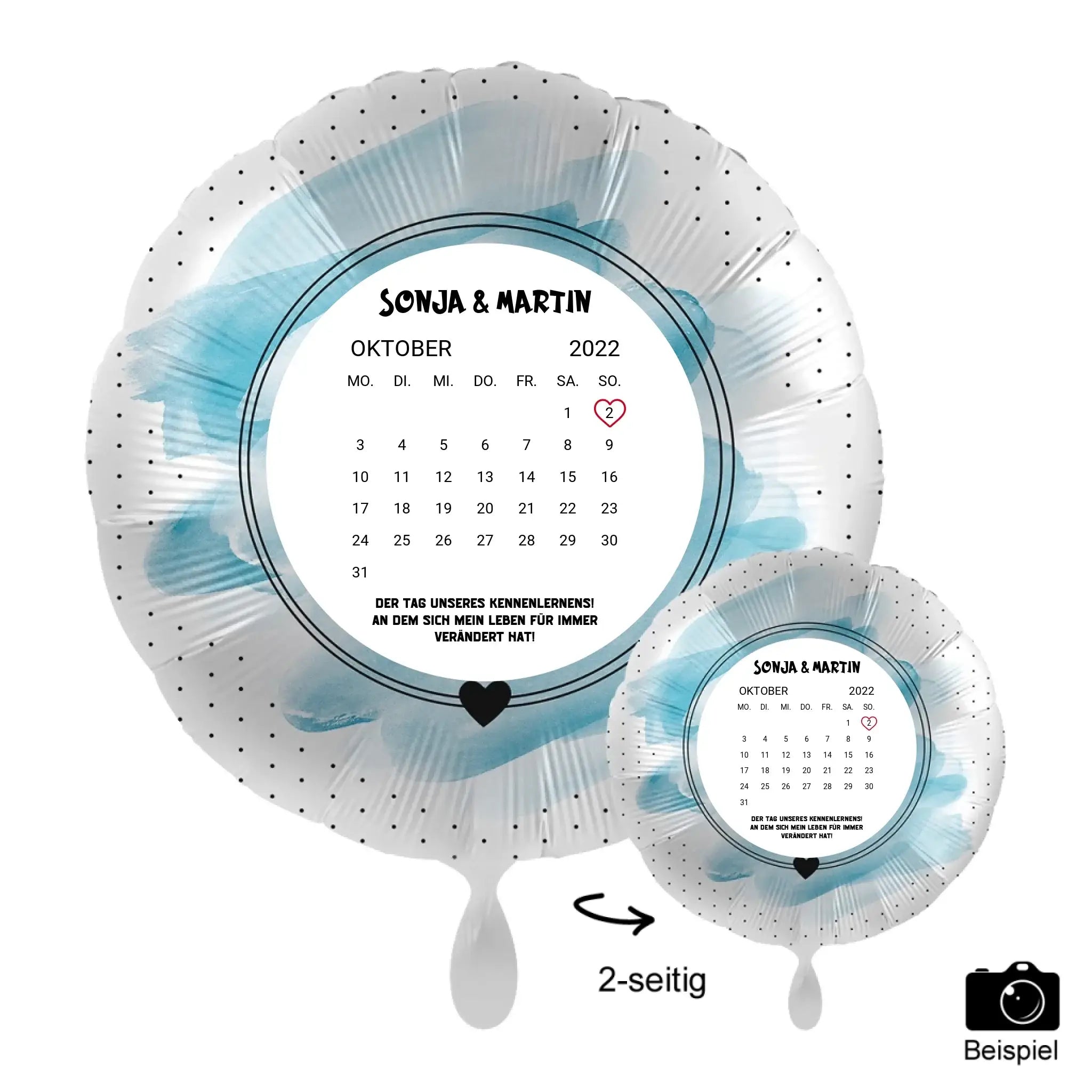 Personalisierbarer 43cm luftballon mit blau weißen aquarellmuster und oktober 2022 kalender für sonja und martin